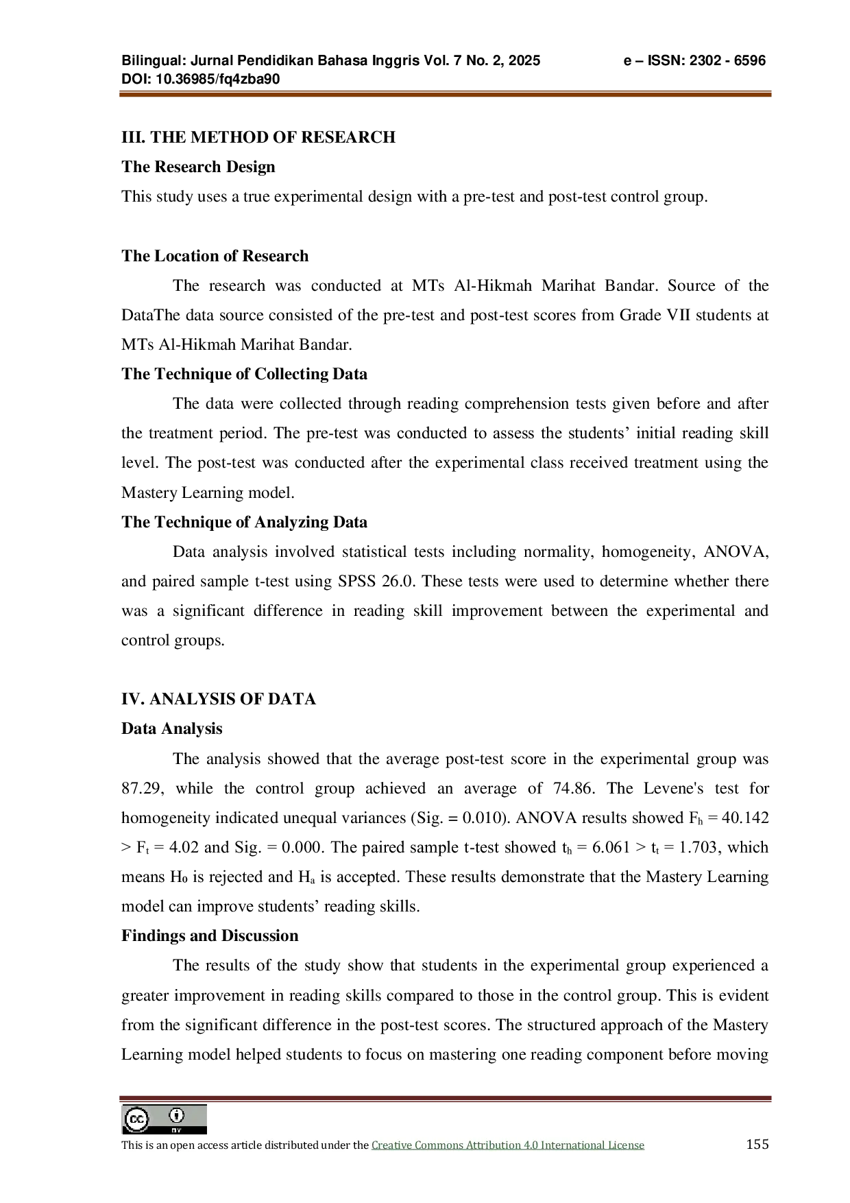 JURIS The Implementation of Mastery Learning Model to Improve Students Reading Skills of Grade VII at MTS Al Hikmah Marihat Bandar