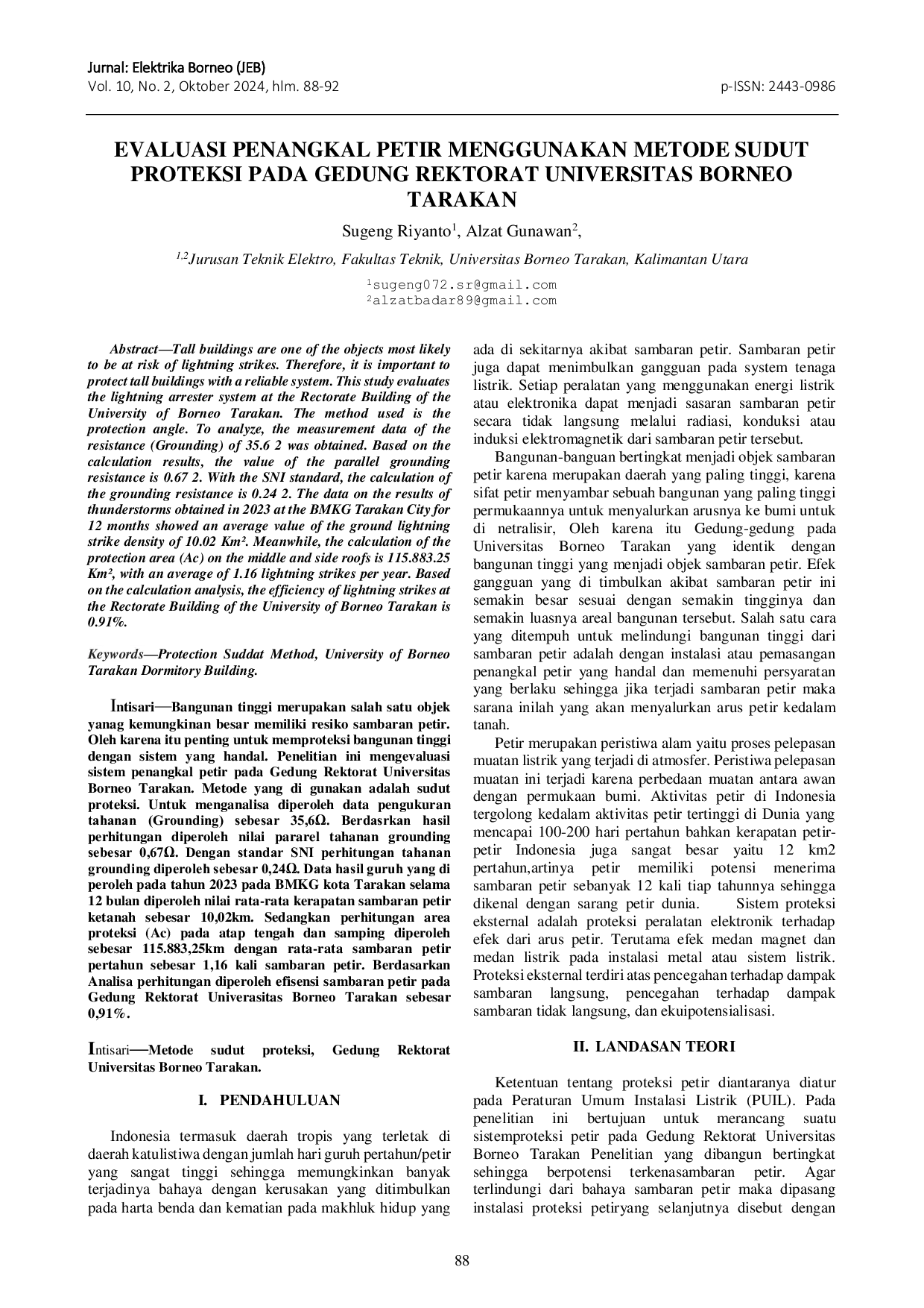 JURIS Evaluasi Penangkal Petir Menggunakan Metode Sudut Proteksi Pada Gedung Rektorat Universitas Borneo Tarakan