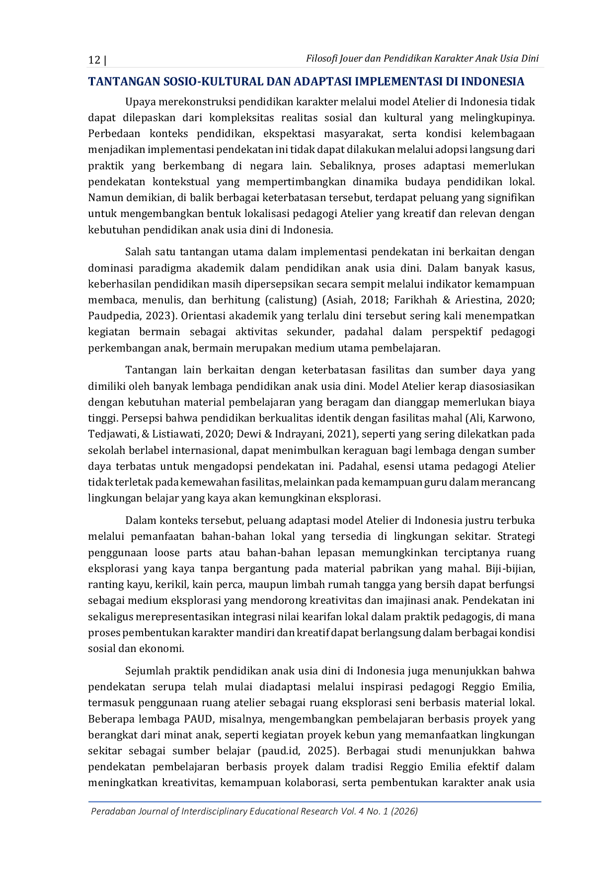 JURIS Rekonstruksi Pendidikan Karakter Anak Usia Dini melalui Filosofi Jouer dalam Model Pembelajaran Atelier