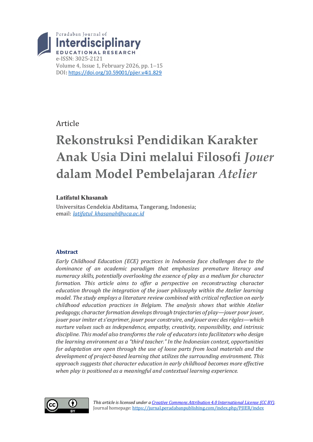 JURIS Rekonstruksi Pendidikan Karakter Anak Usia Dini melalui Filosofi Jouer dalam Model Pembelajaran Atelier