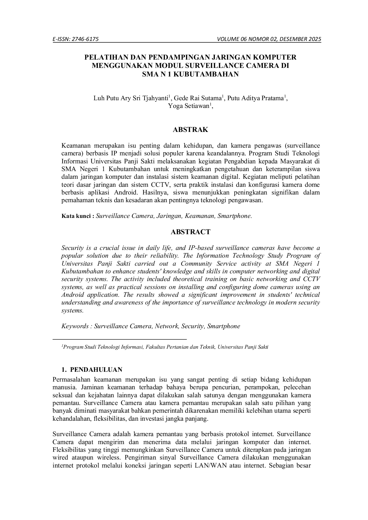 JURIS Pelatihan Dan Pendampingan Jaringan Komputer Menggunakan Modul Surveillance Camera Di Sma N 1 Kubutambahan