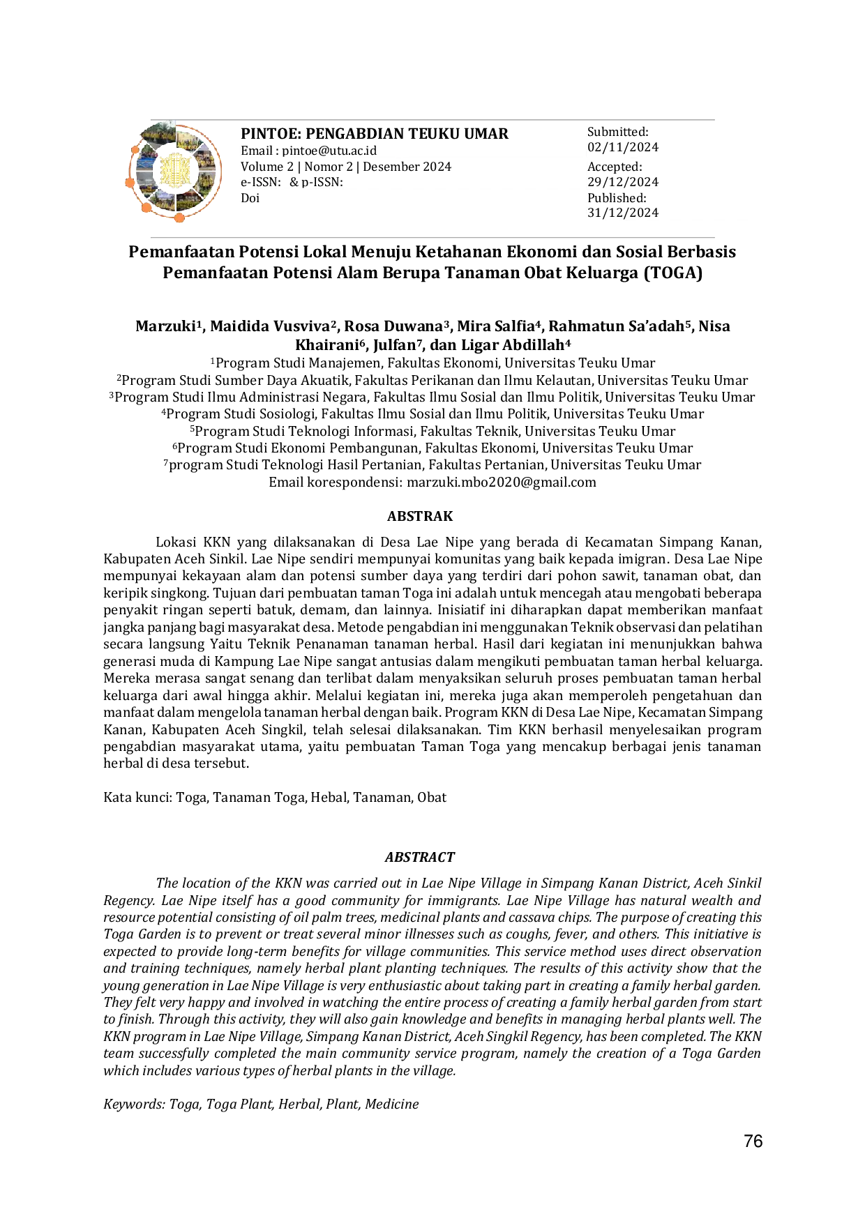 JURIS Pemanfaatan Potensi Lokal Menuju Ketahanan Ekonomi dan Sosial Berbasis Pemanfaatan Potensi Alam Berupa Tanaman Obat Keluarga TOGA