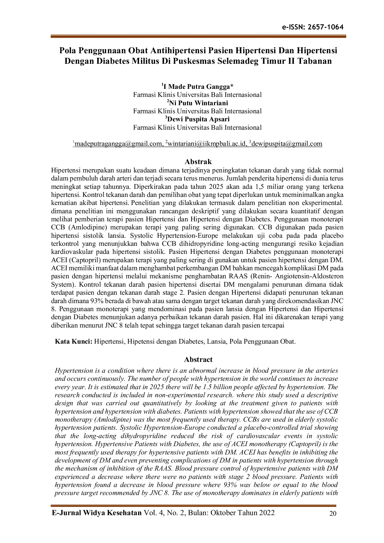 JURIS Pola Penggunaan Obat Antihipertensi Pasien Hipertensi Dan Hipertensi Dengan Diabetes Militus Di Puskesmas Selemadeg Timur II Tabanan