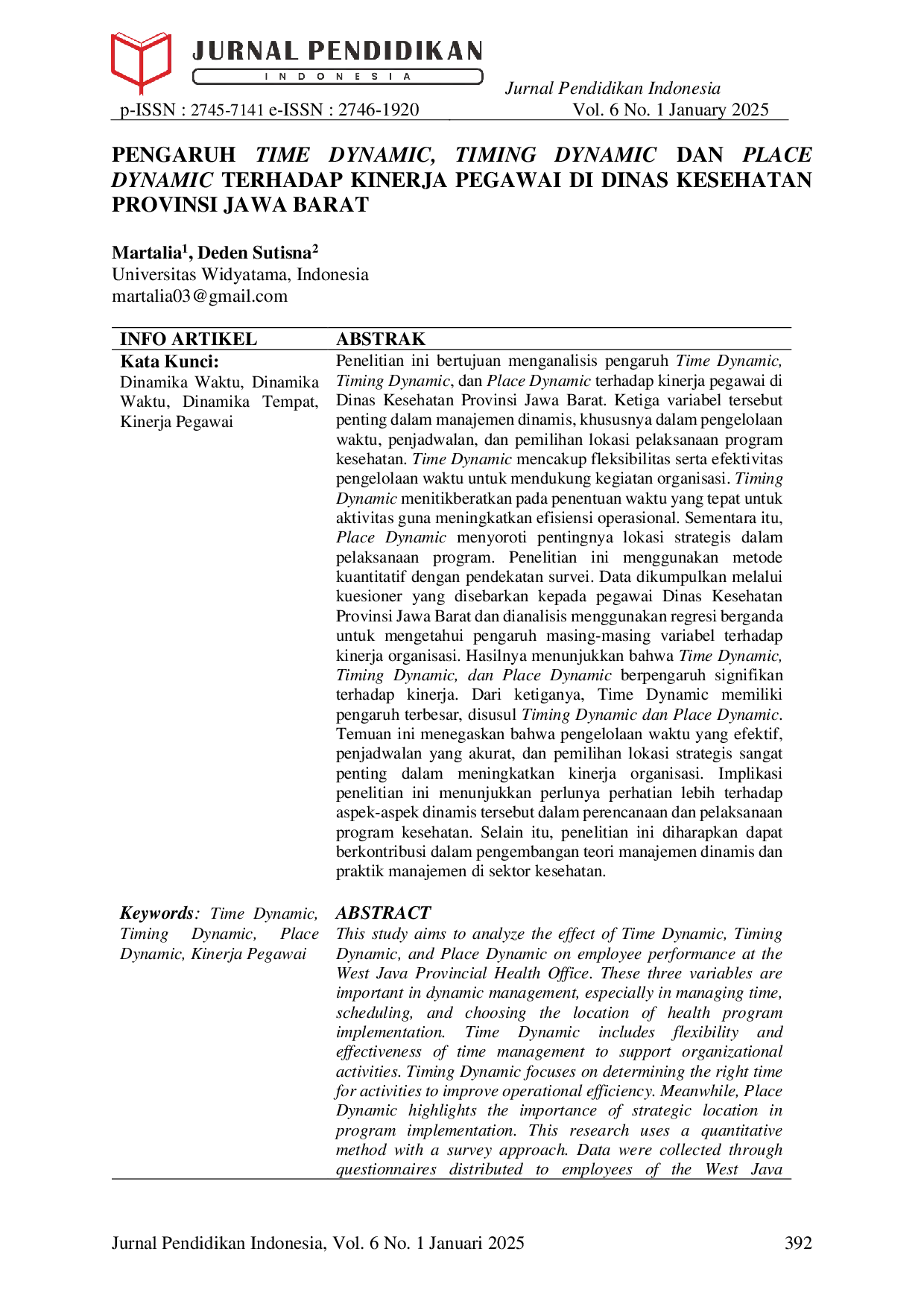 JURIS Pengaruh Time Dynamic Timing Dynamic dan Place Dynamic Terhadap Kinerja Pegawai di Dinas Kesehatan Provinsi Jawa Barat