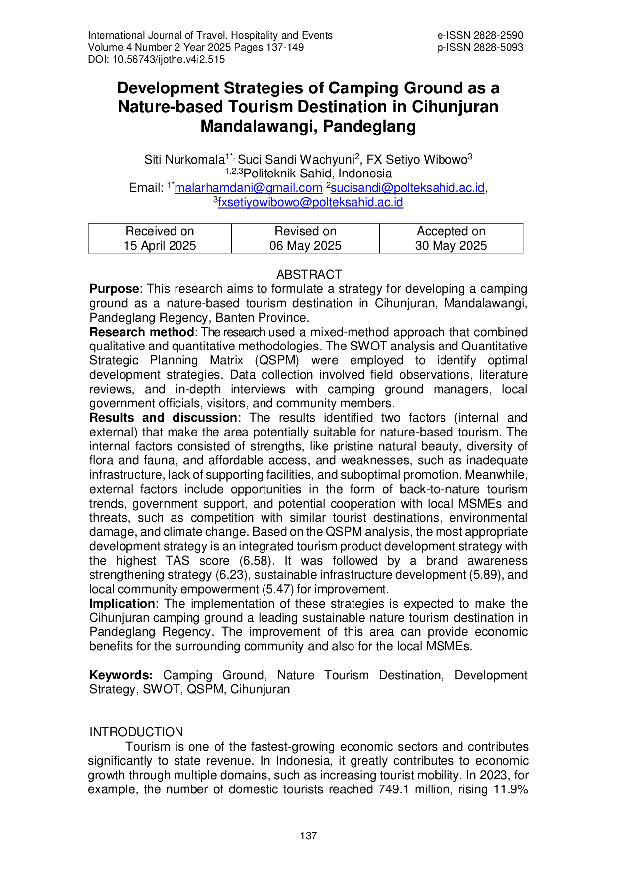 JURIS Development Strategies of Camping Ground as a Nature based Tourism Destination in Cihunjuran Mandalawangi Pandeglang
