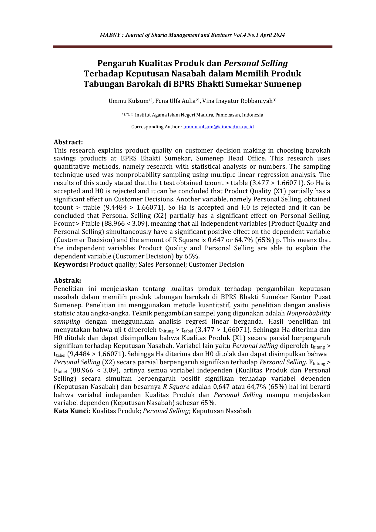 JURIS Pengaruh Kualitas Produk dan Personal Selling Terhadap Keputusan Nasabah dalam Memilih Produk Tabungan Barokah di BPRS Bhakti Sumekar Sumenep