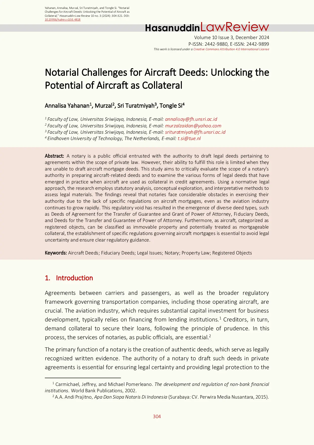 JURIS Notarial Challenges for Aircraft Deeds Unlocking the Potential of Aircraft as Collateral