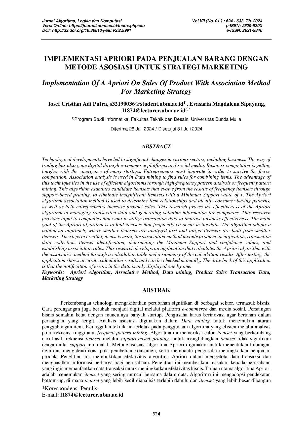 JURIS Implementasi Apriori Pada Penjualan Barang Dengan Metode Asosiasi Untuk Strategi Marketing