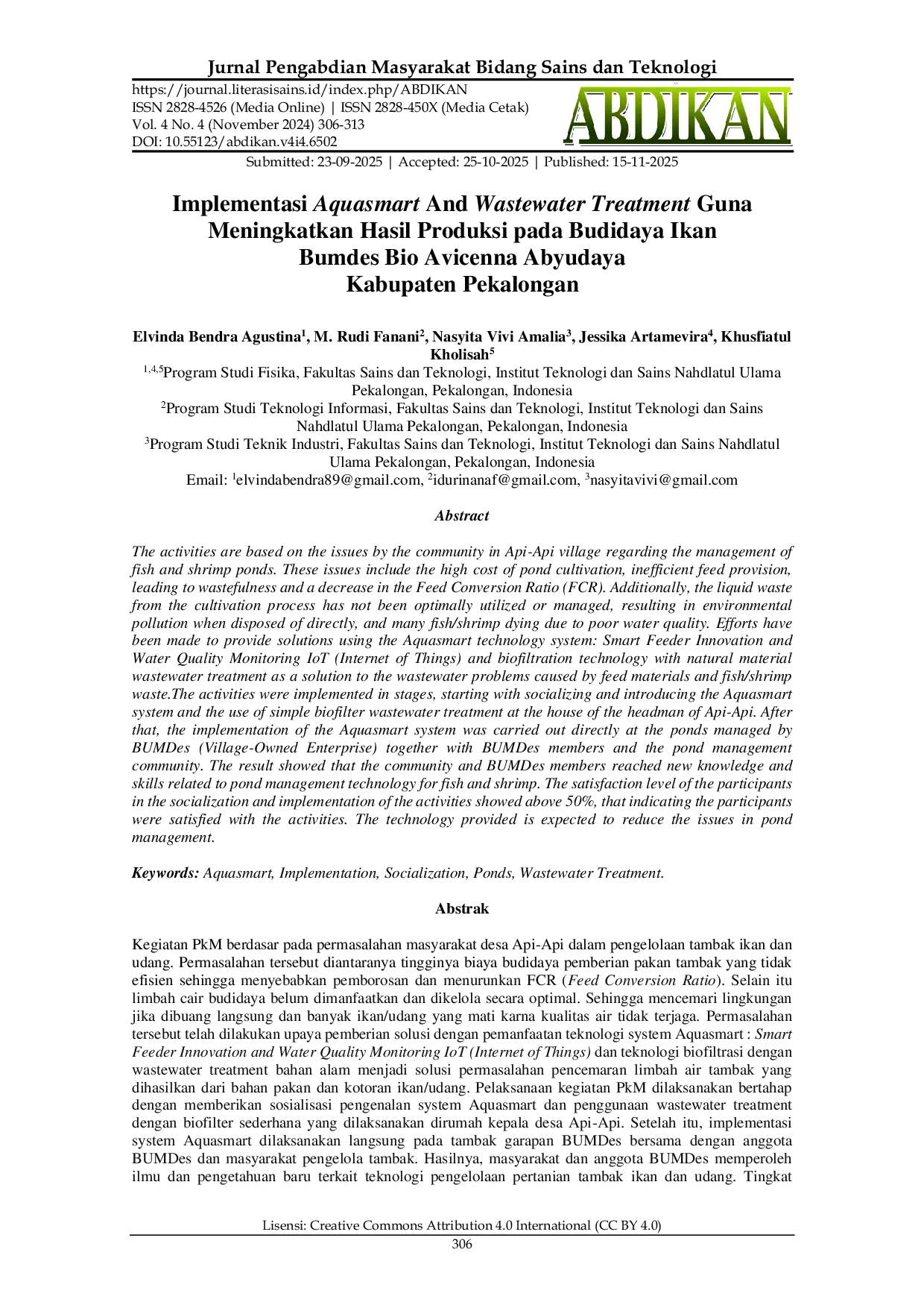 JURIS Implementasi Aquasmart And Wastewater Treatment Guna Meningkatkan Hasil Produksi pada Budidaya Ikan Bumdes Bio Avicenna Abyudaya Kabupaten Pekalongan