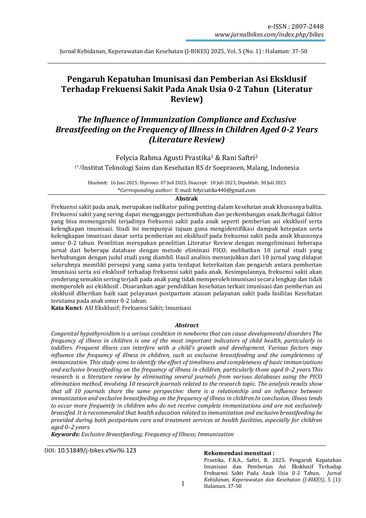 JURIS Pengaruh Kepatuhan Imunisasi dan Pemberian Asi Eksklusif Terhadap Frekuensi Sakit Pada Anak Usia 0 2 Tahun Literatur Review