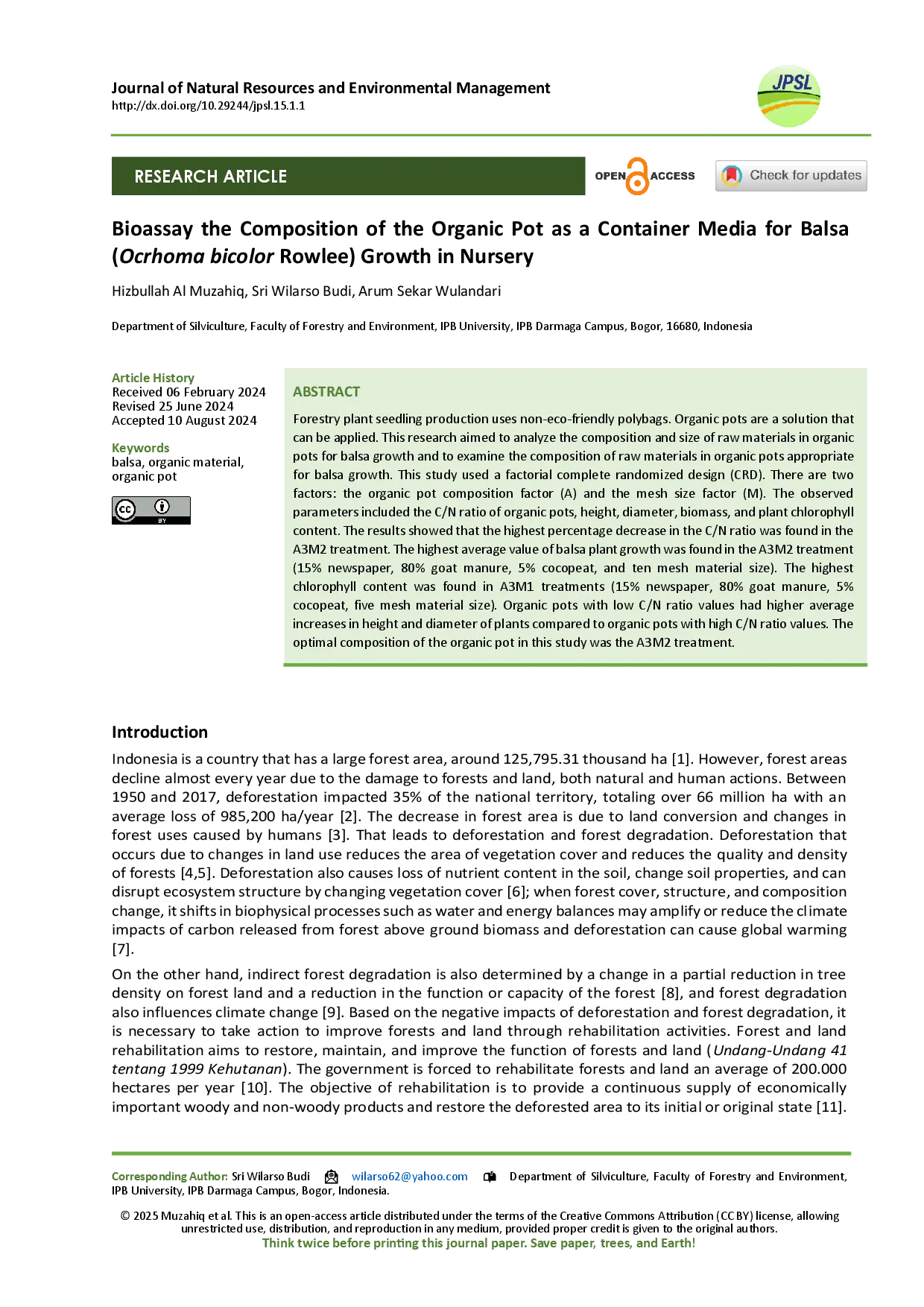 juris Bioassay the Composition of the Organic Pot as a Container Media for Balsa Ochroma Bicolor Rowlee Growth in Nursery