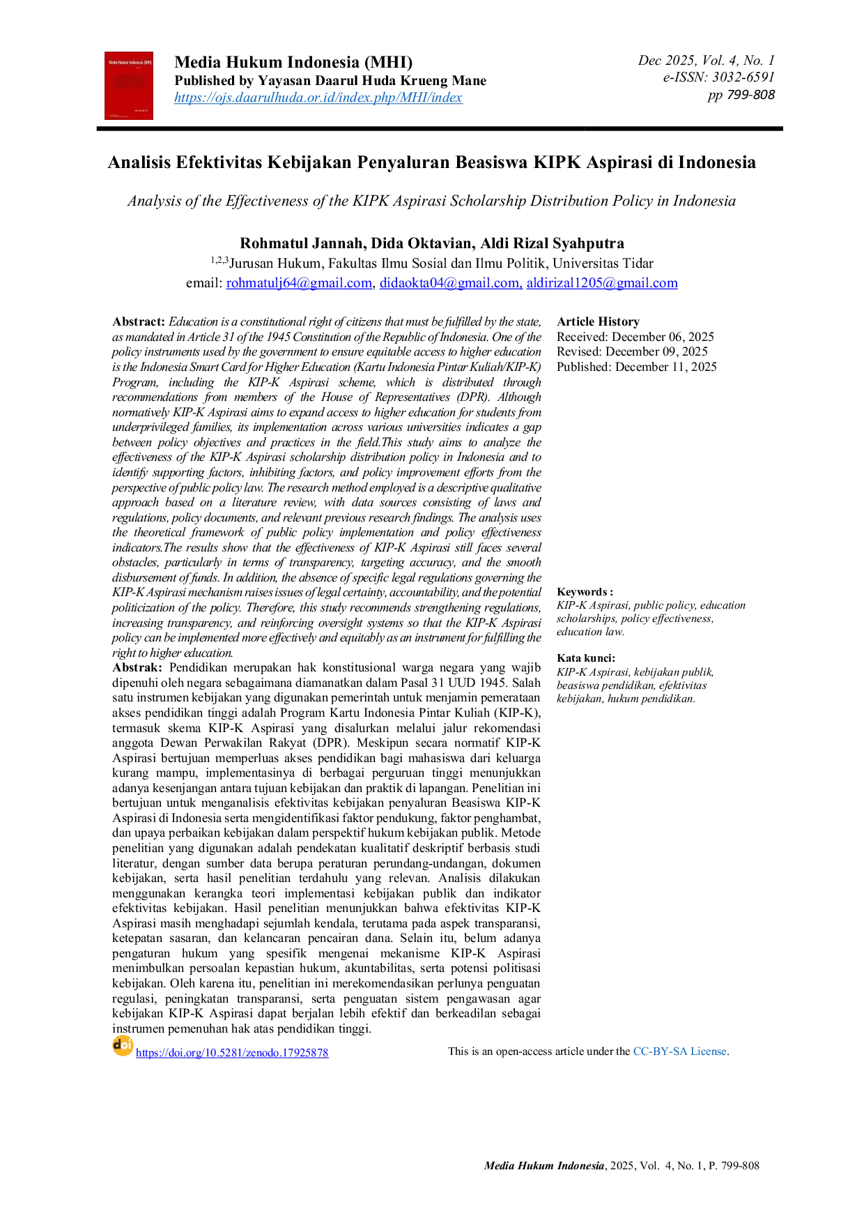 JURIS Analisis Efektivitas Kebijakan Penyaluran Beasiswa KIPK Aspirasi di Indonesia
