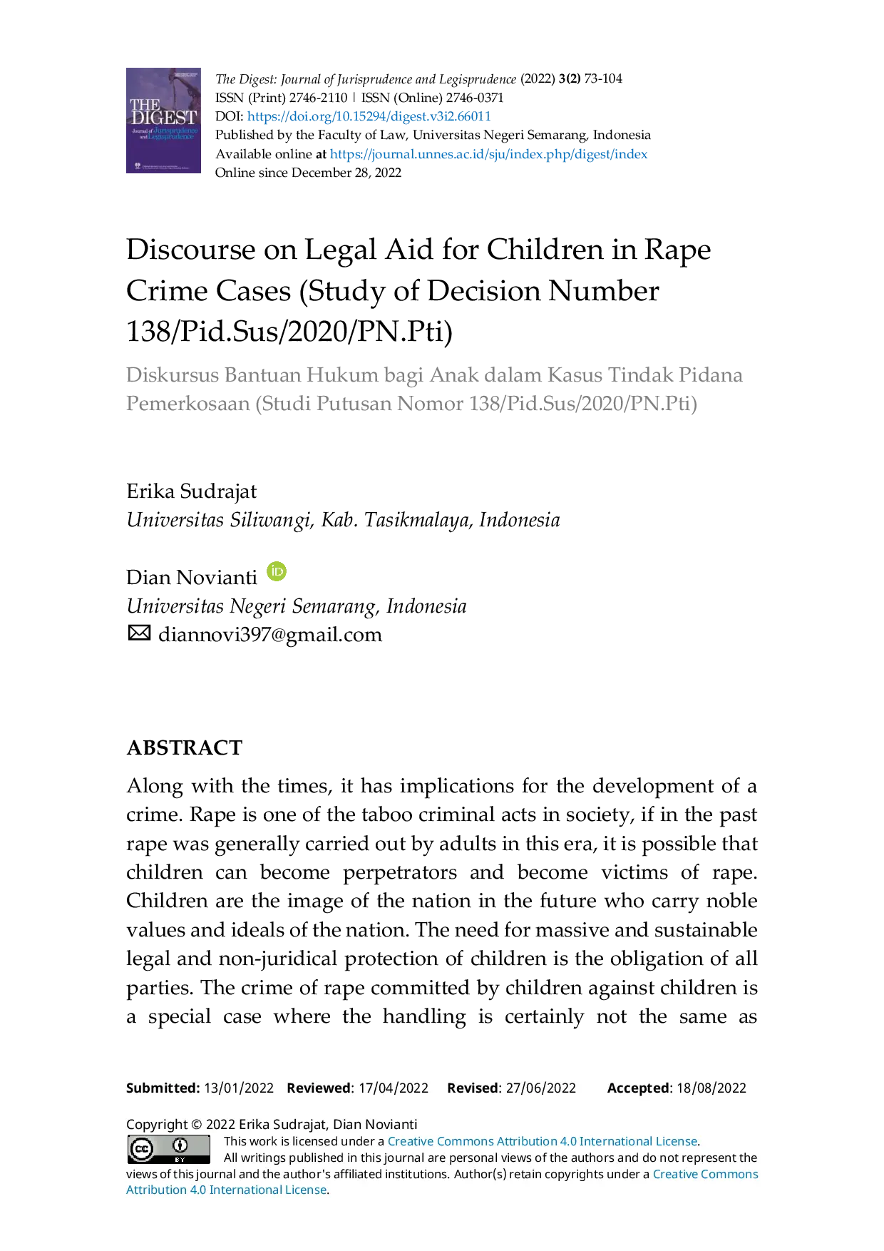 JURIS Discourse on Legal Aid for Children in Rape Crime Cases Study of Decision Number 138 Pid Sus 2020 PN Pti
