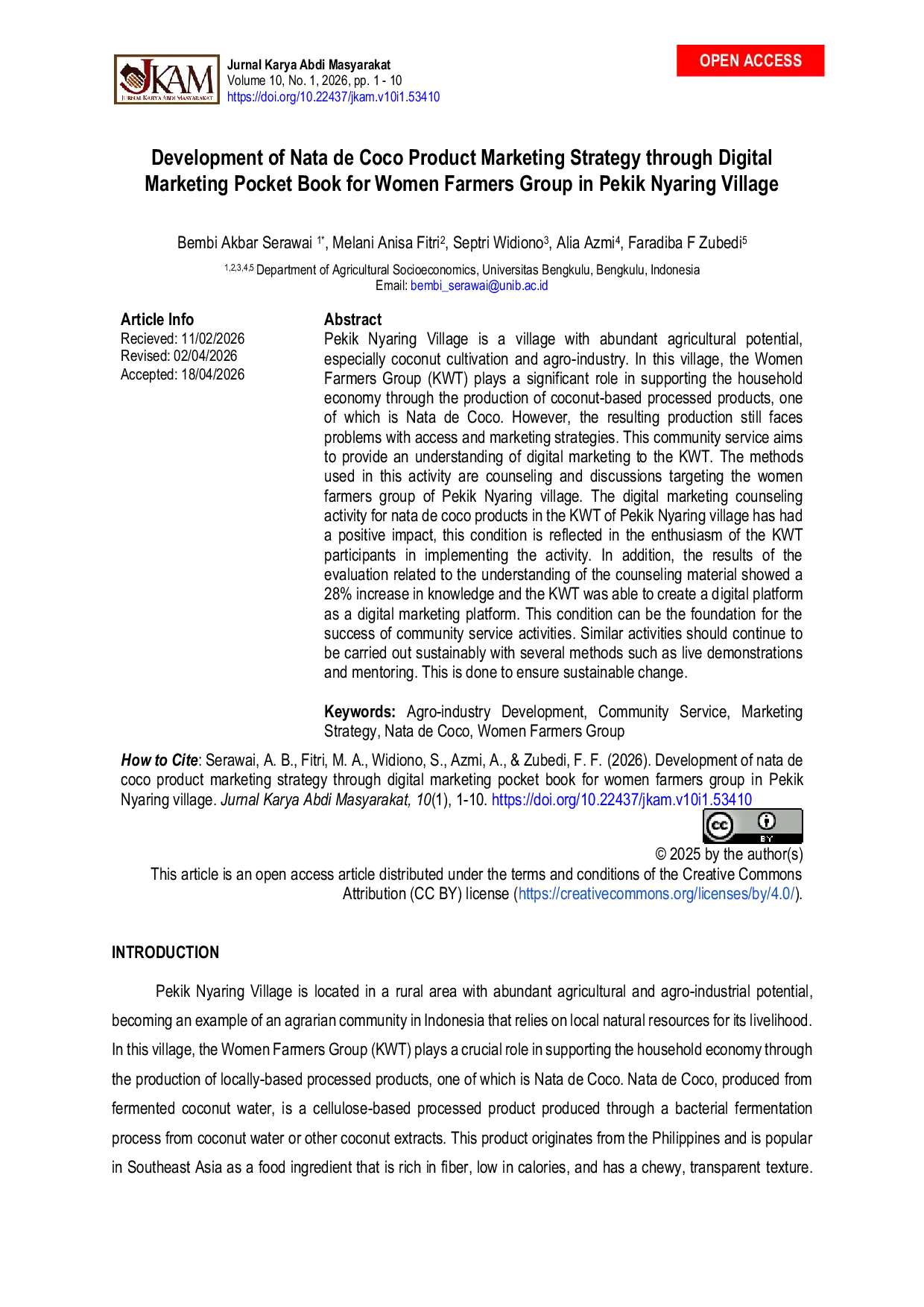 JURIS Development of Nata de Coco Product Marketing Strategy through Digital Marketing Pocket Book for Women Farmers Group in Pekik Nyaring Village