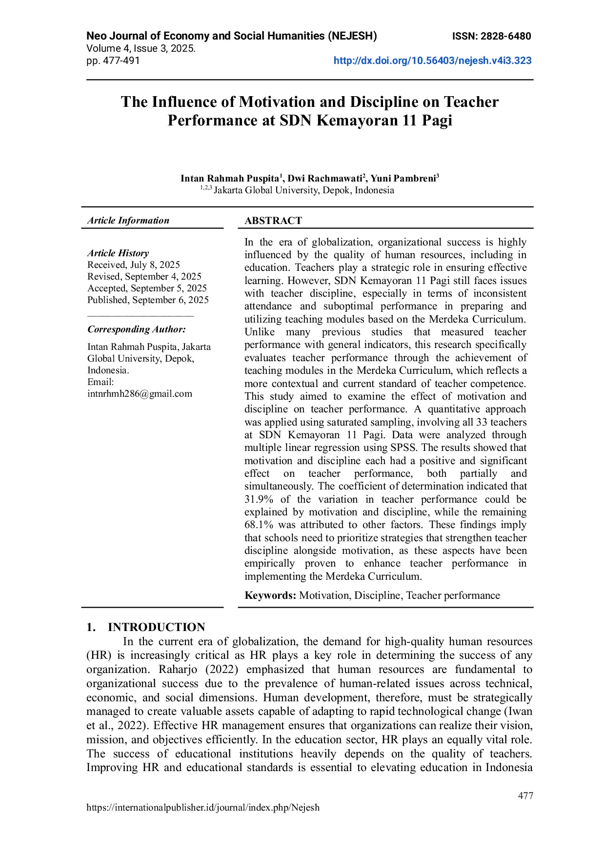 JURIS Pengaruh Motivasi dan Disiplin terhadap Kinerja Guru di SDN Kemayoran 11 Pagi