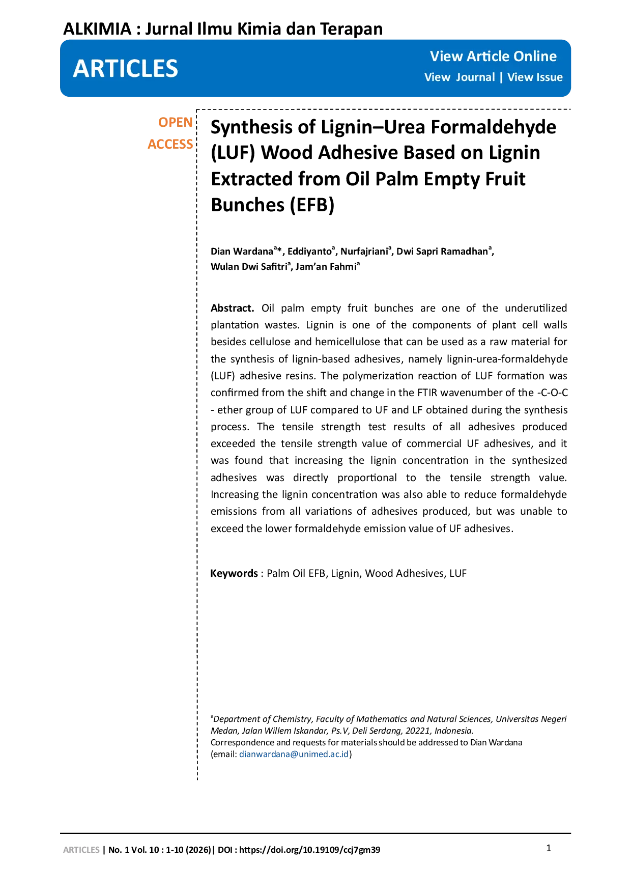 JURIS Synthesis of Lignin Urea Formaldehyde LUF Wood Adhesive Based on Lignin Extracted from Oil Palm Empty Fruit Bunches EFB