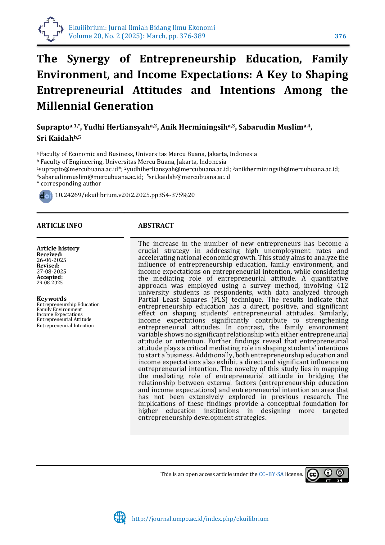JURIS The Synergy of Entrepreneurship Education Family Environment and Income Expectations A Key to Shaping Entrepreneurial Attitudes and Intentions Among the Millennial Generation