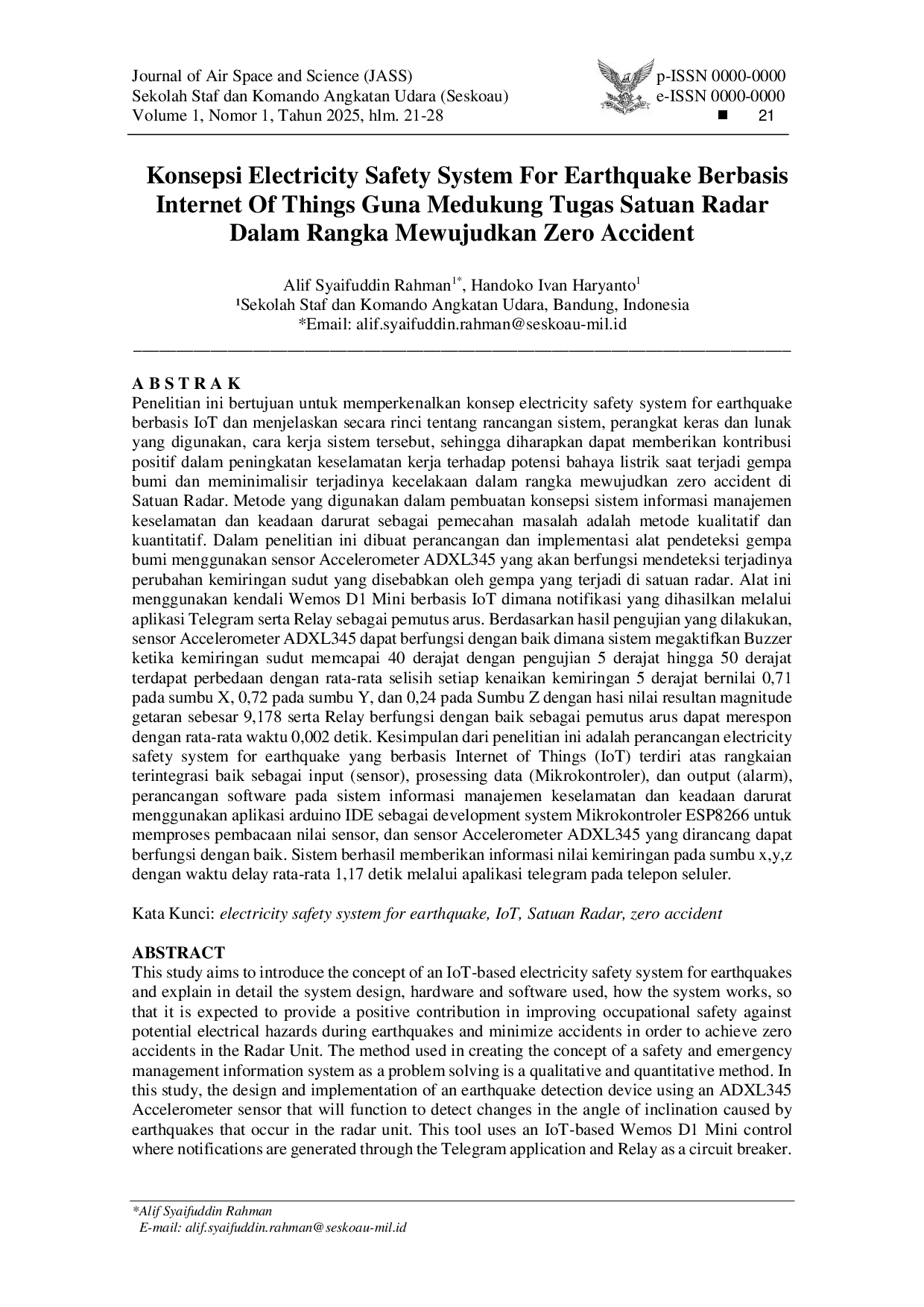 juris Konsepsi Electricity Safety System For Earthquake Berbasis Internet Of Things Guna Medukung Tugas Satuan Radar Dalam Rangka Mewujudkan Zero Accident