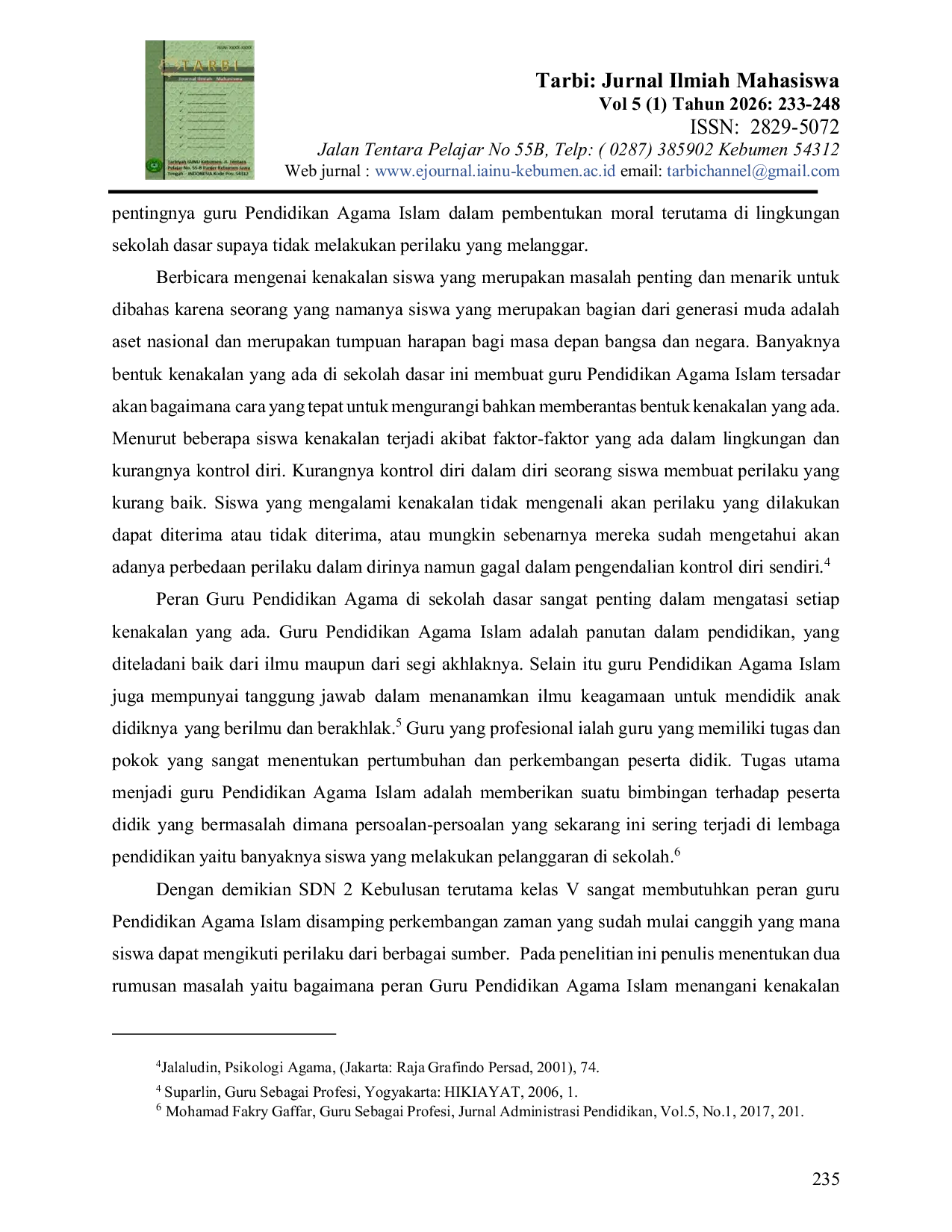 JURIS Peran Guru Pendidikan Agama Islam Dalam Mengatasi Kenakalan Siswa Kelas V SDN 2 Kebulusan Pejagoan Kebumen