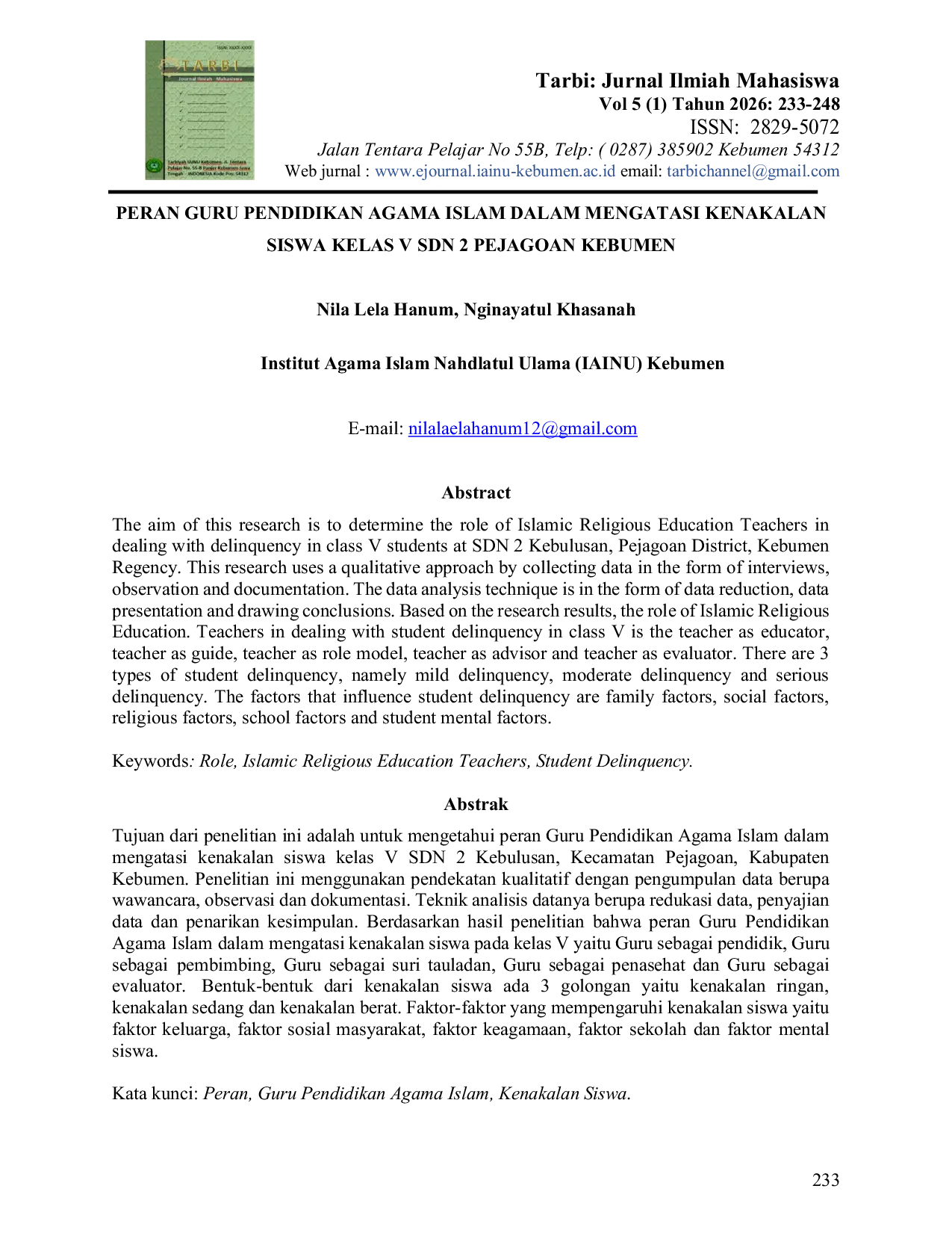 JURIS Peran Guru Pendidikan Agama Islam Dalam Mengatasi Kenakalan Siswa Kelas V SDN 2 Kebulusan Pejagoan Kebumen