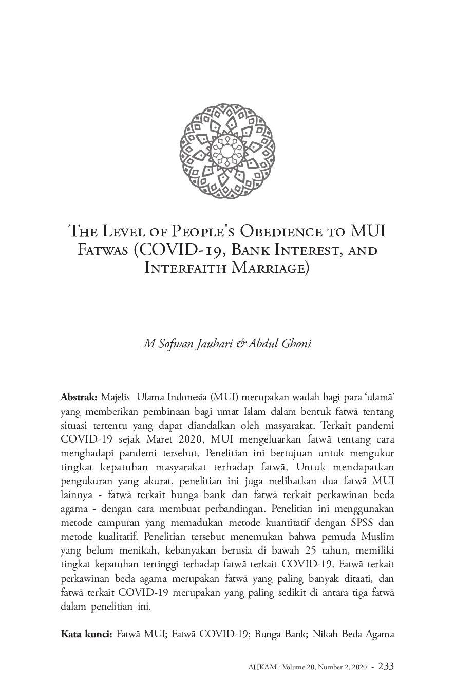 juris The Level of People s Obedience to MUI Fatwas COVID 19 Bank Interest and Interfaith Marriage