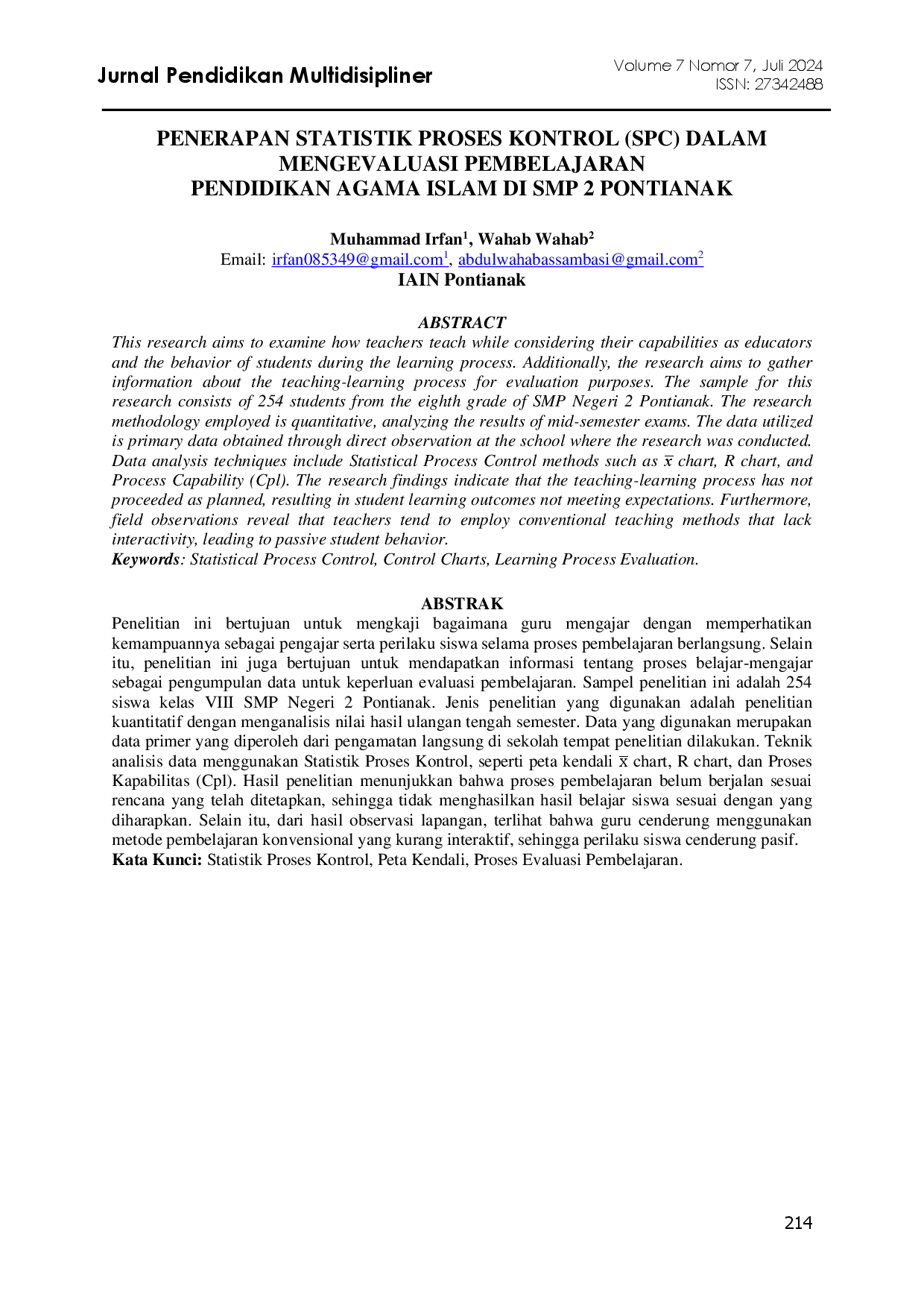 juris Penerapan Statistik Proses Kontrol Spc Dalam Mengevaluasi Pembelajaran Pendidikan Agama Islam Di Smp 2 Pontianak