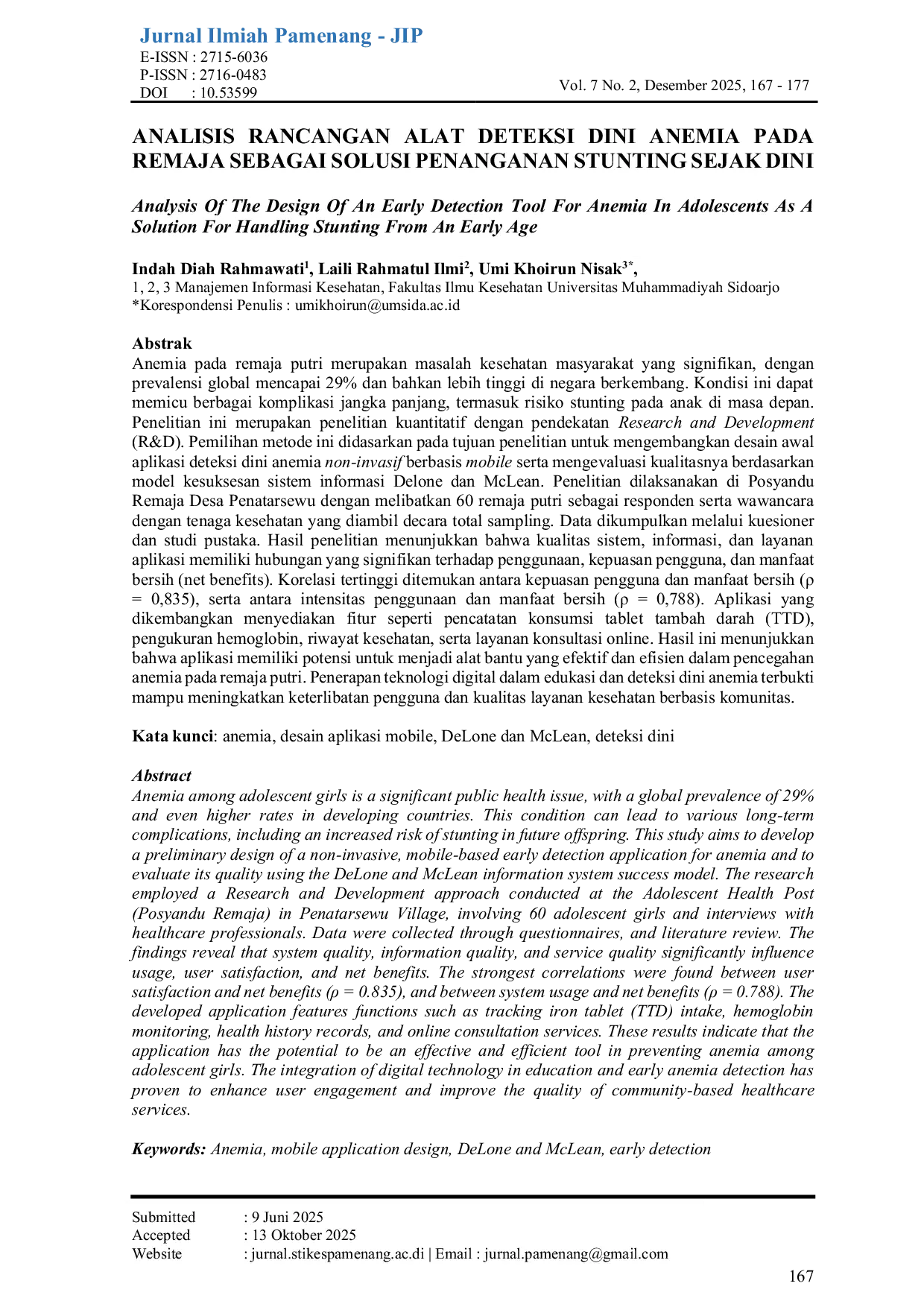 JURIS ANALISIS RANCANGAN ALAT DETEKSI DINI ANEMIA PADA REMAJA SEBAGAI SOLUSI PENANGANAN STUNTING SEJAK DINI Analysis Of The Design Of An Early Detection Tool For Anemia In Adolescents As A Solution For Han