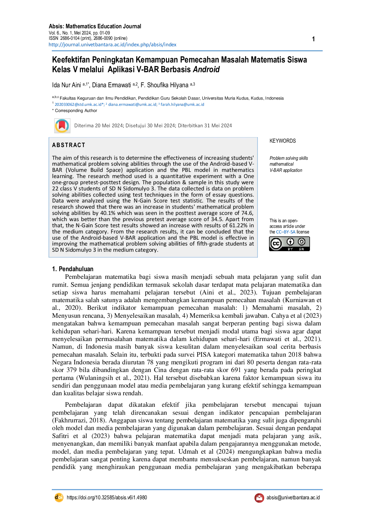 JURIS Keefektifan Peningkatan Kemampuan Pemecahan Masalah Matematis Siswa Kelas V melalui Aplikasi V BAR Berbasis Android