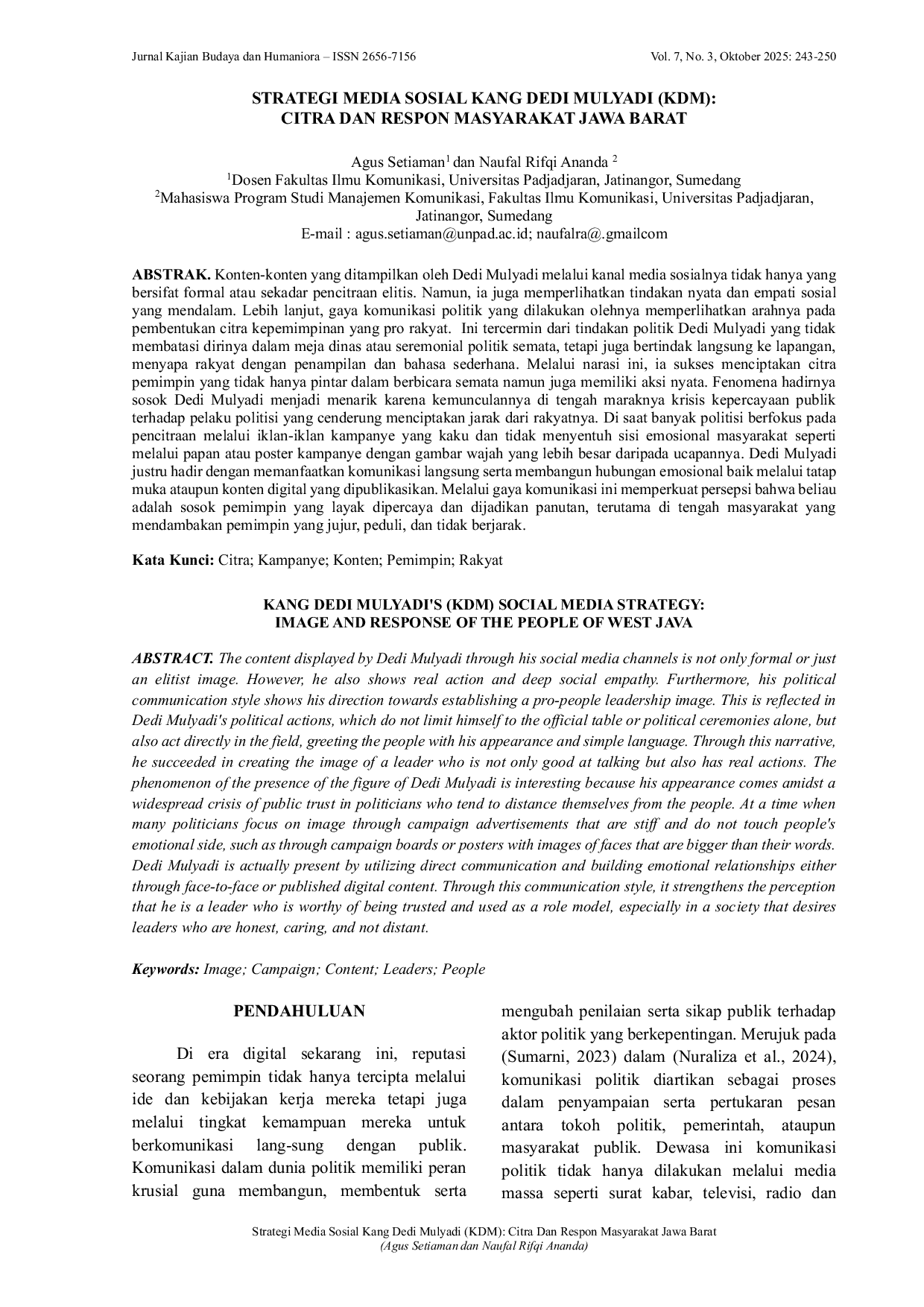 JURIS Strategi Media Sosial Kang Dedi Mulyadi KDM Citra dan Respon Masyarakat Jawa Barat
