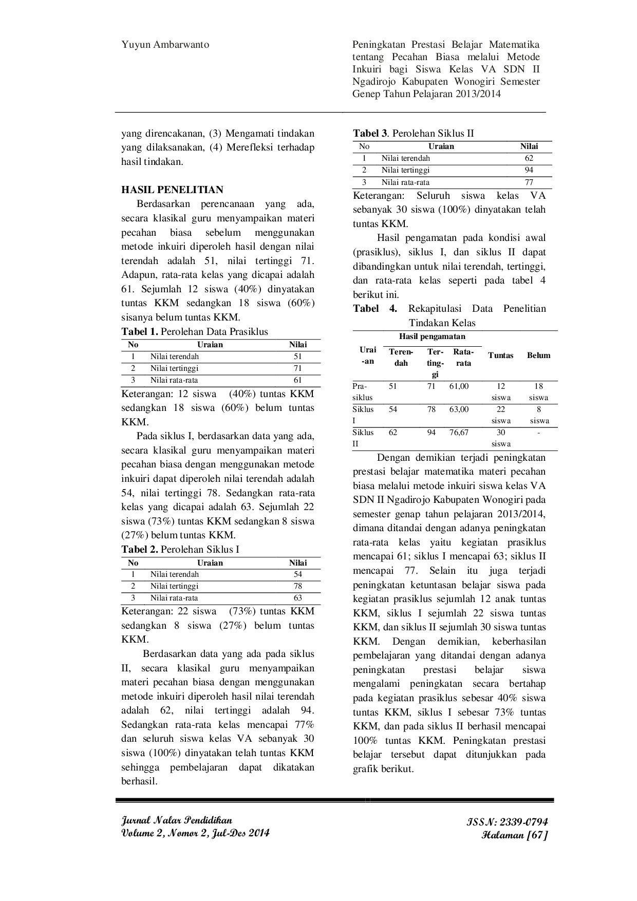 JURIS Peningkatan Prestasi Belajar Matematika Tentang Pecahan Biasa Melalui Metode Inkuiri Bagi Siswa Kelas VA SDN II Ngadirojo Kabupaten Wonogiri Semester Genep Tahun Pelajaran 2013 2014