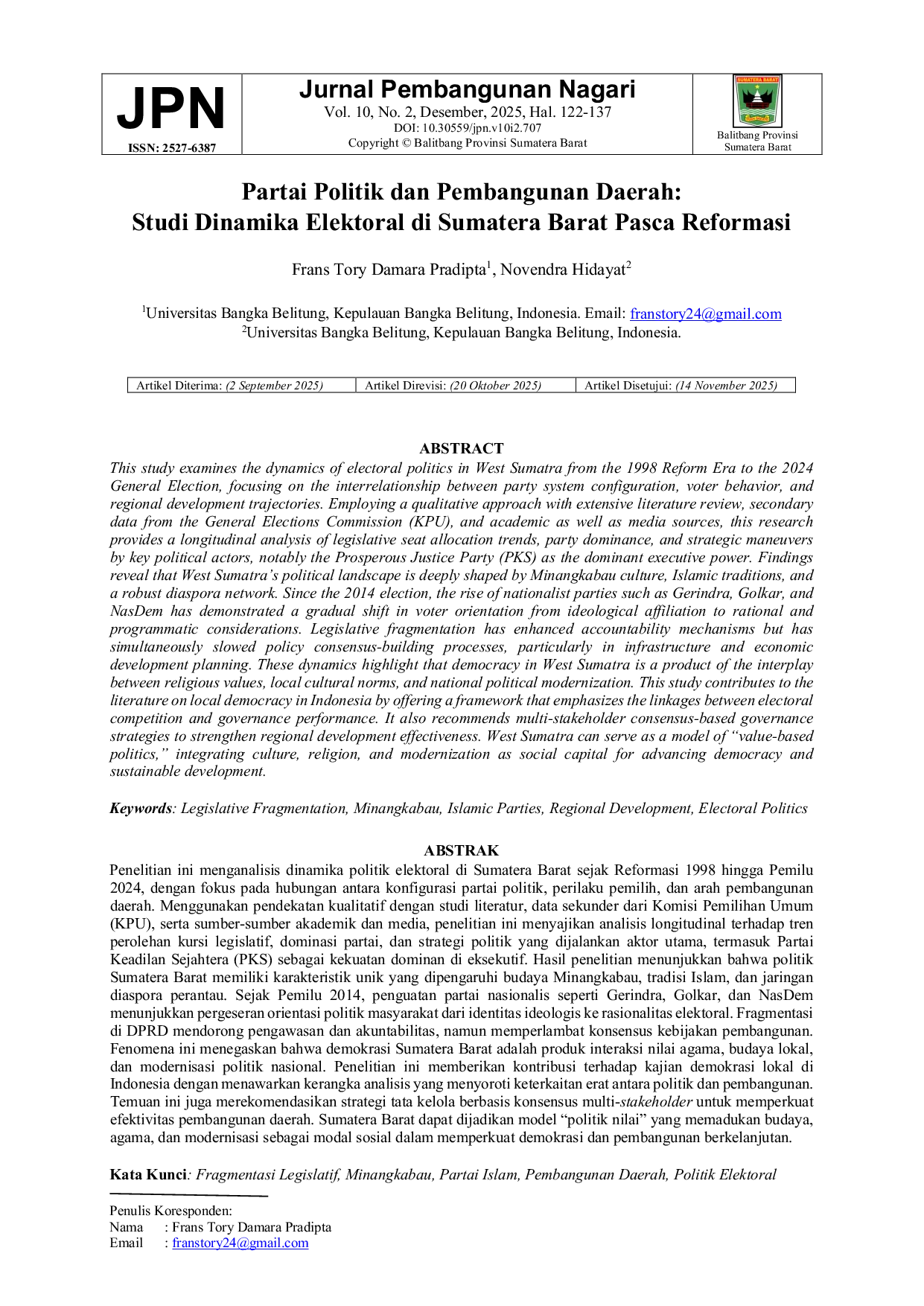 JURIS Partai Politik dan Pembangunan Daerah Studi Dinamika Elektoral di Sumatera Barat Pasca Reformasi