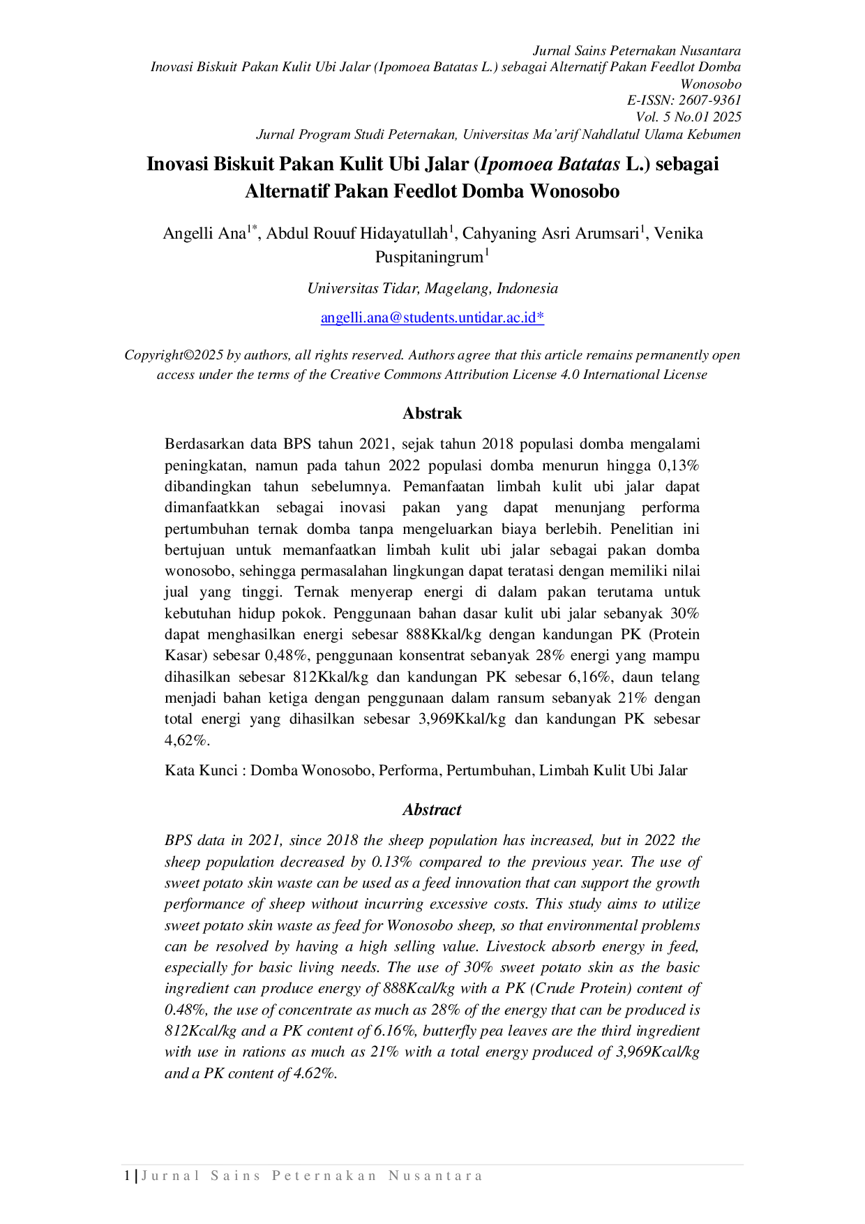 JURIS Feed Biscuit Innovation Inovasi Biskuit Pakan Kulit Ubi Jalar Ipomoea Batatas L sebagai Alternatif Pakan Feedlot Domba Wonosobo