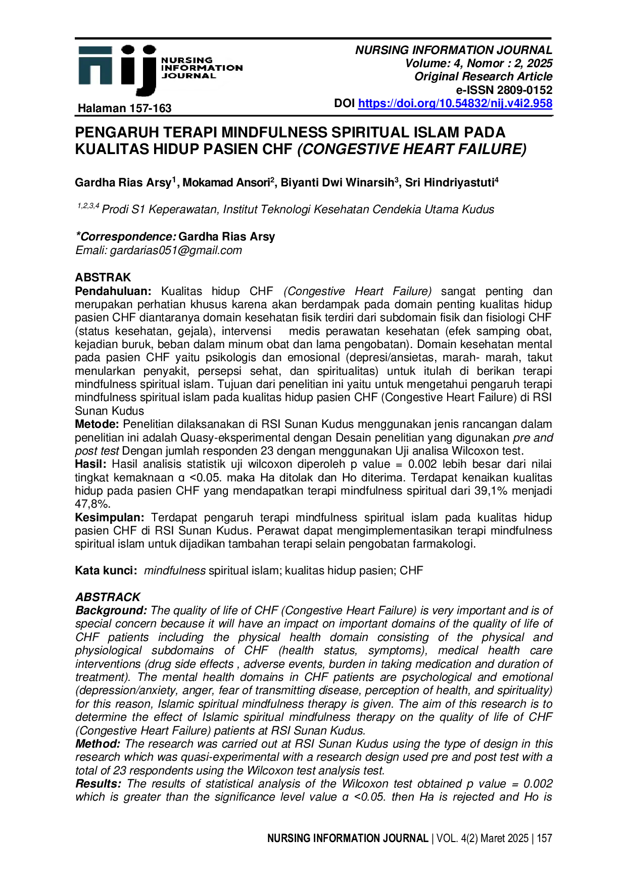JURIS Pengaruh Terapi Mindfulness Spiritual Islam pada Kualitas Hidup Pasien CHF Congestive Heart Failure