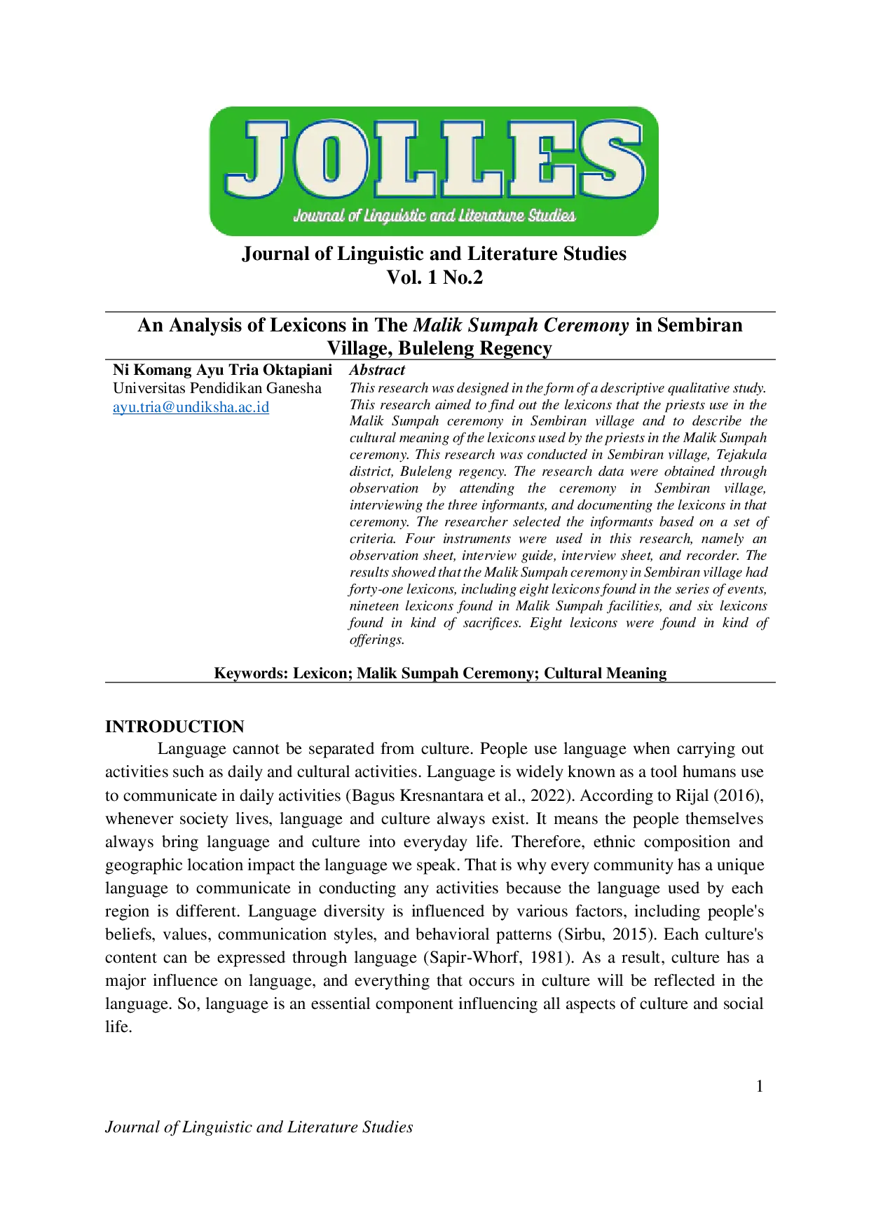 JURIS An Analysis of Lexicons in The Malik Sumpah Ceremony in Sembiran Village Buleleng Regency