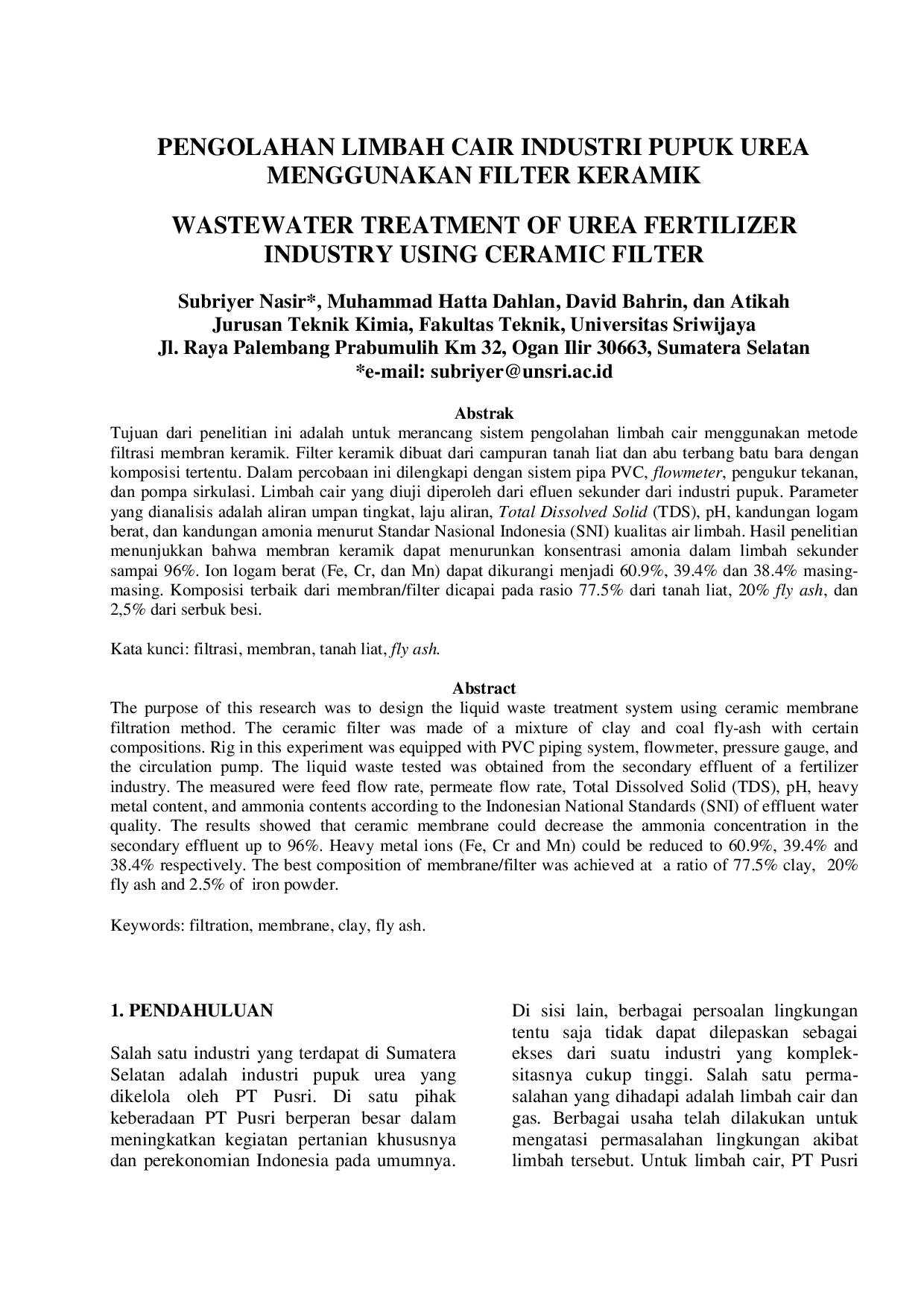 JURIS Pengolahan Limbah Cair Industri Pupuk Urea Menggunakan Filter Keramik