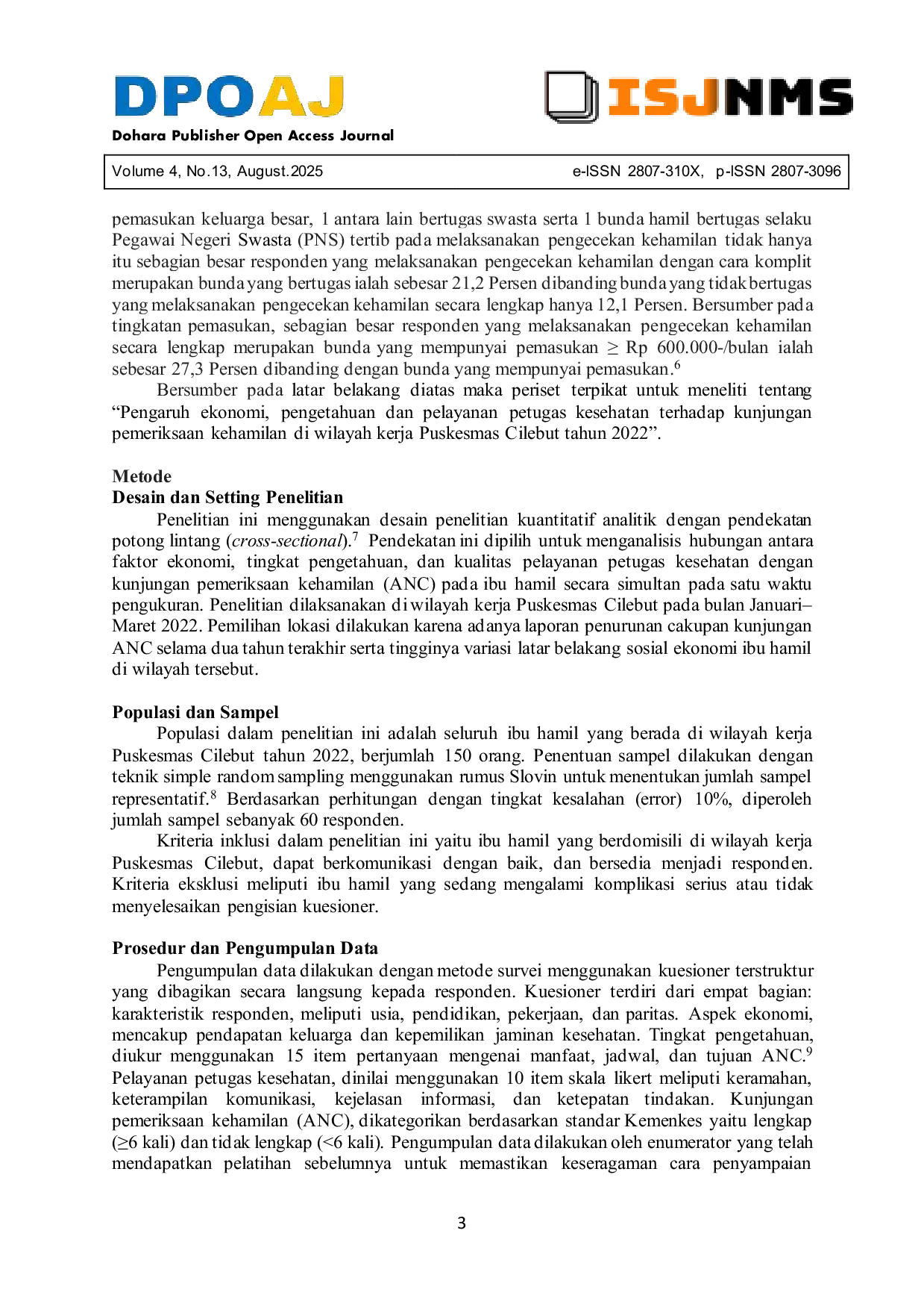 JURIS Pengaruh Ekonomi Pengetahuan dan Pelayanan Petugas Kesehatan terhadap Kunjungan Pemeriksaan Kehamilan di Wilayah Kerja Puskesmas Cilebut Tahun 2022