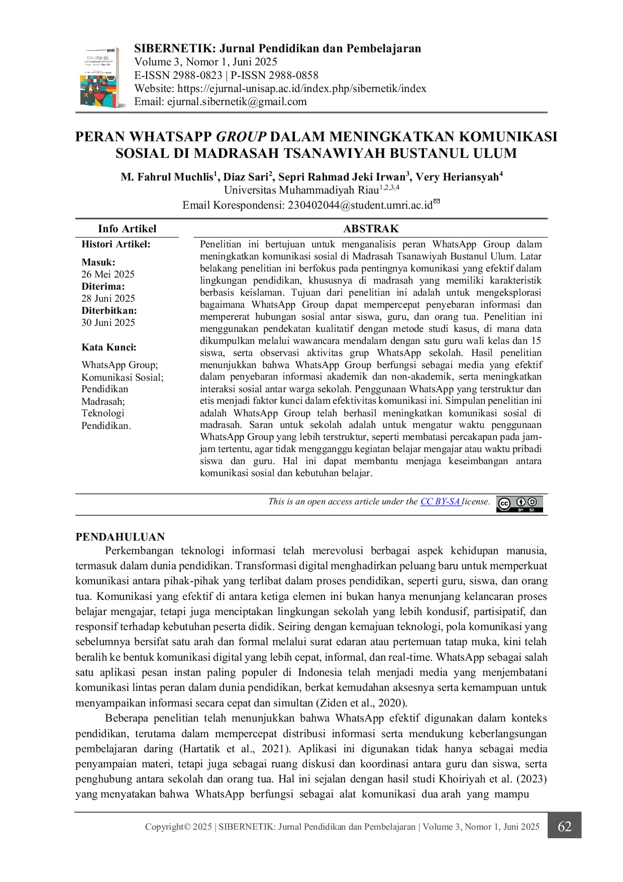 JURIS Peran WhatsApp Group dalam Meningkatkan Komunikasi Sosial di Madrasah Tsanawiyah Bustanul Ulum