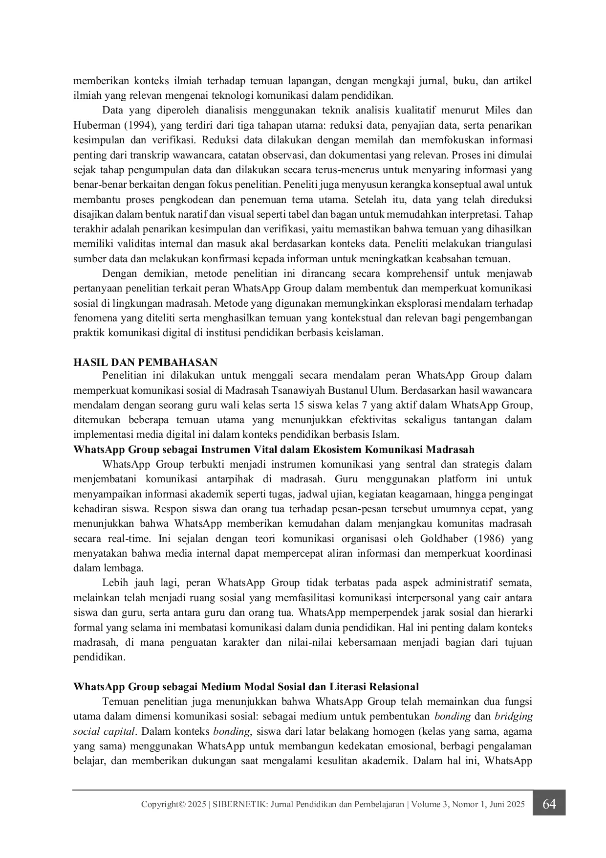 JURIS Peran WhatsApp Group dalam Meningkatkan Komunikasi Sosial di Madrasah Tsanawiyah Bustanul Ulum