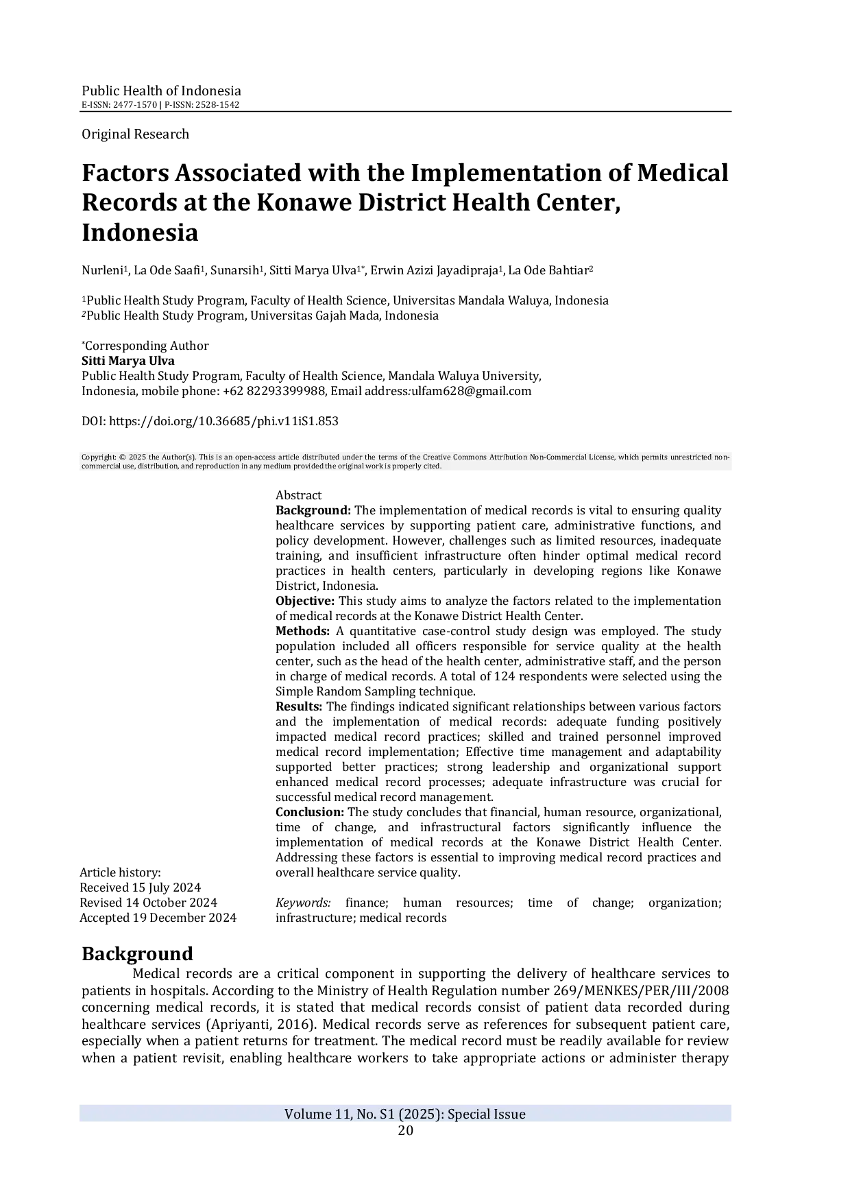 JURIS Factors Associated with the Implementation of Medical Records at the Konawe District Health Center Indonesia