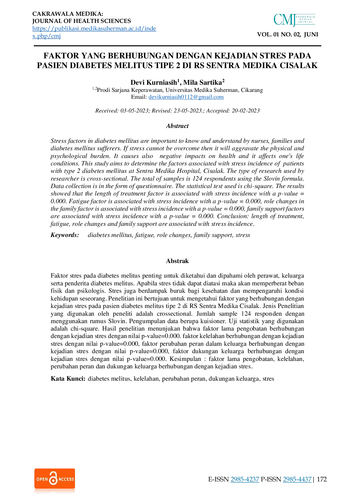 JURIS Faktor Yang Berhubungan Dengan Kejadian Stres Pada Pasien Diabetes Melitus Tipe 2 Di RS Sentra Medika Cisalak