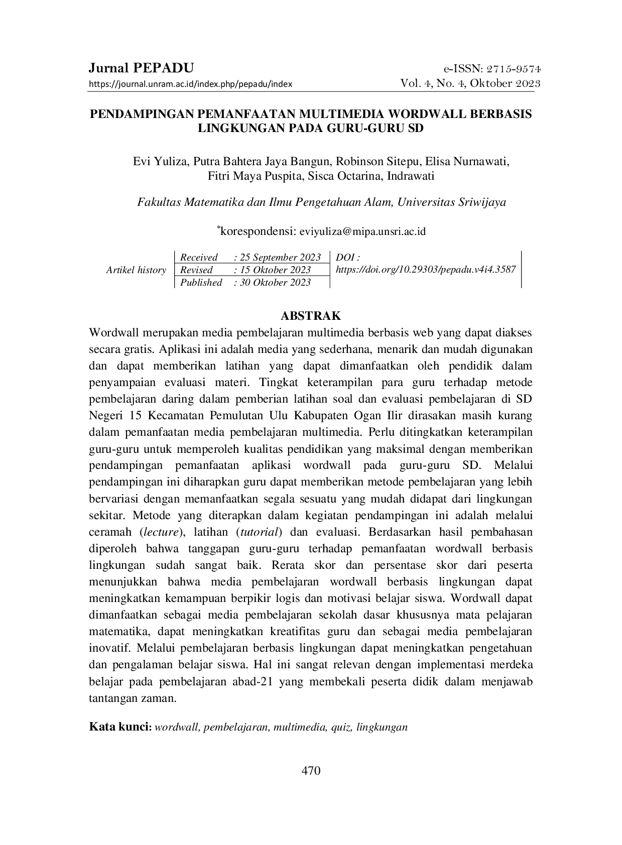 JURIS Pendampingan Pemanfaatan Multimedia Wordwall Berbasis Lingkungan Pada Guru Guru SD