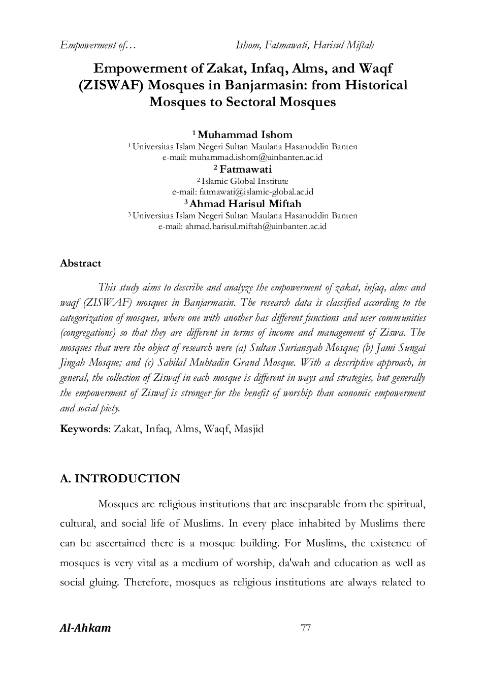 JURIS Empowerment of Zakat Infaq Alms and Waqf Ziswaf Mosques in Banjarmasin from Historical Mosques to Sectoral Mosques