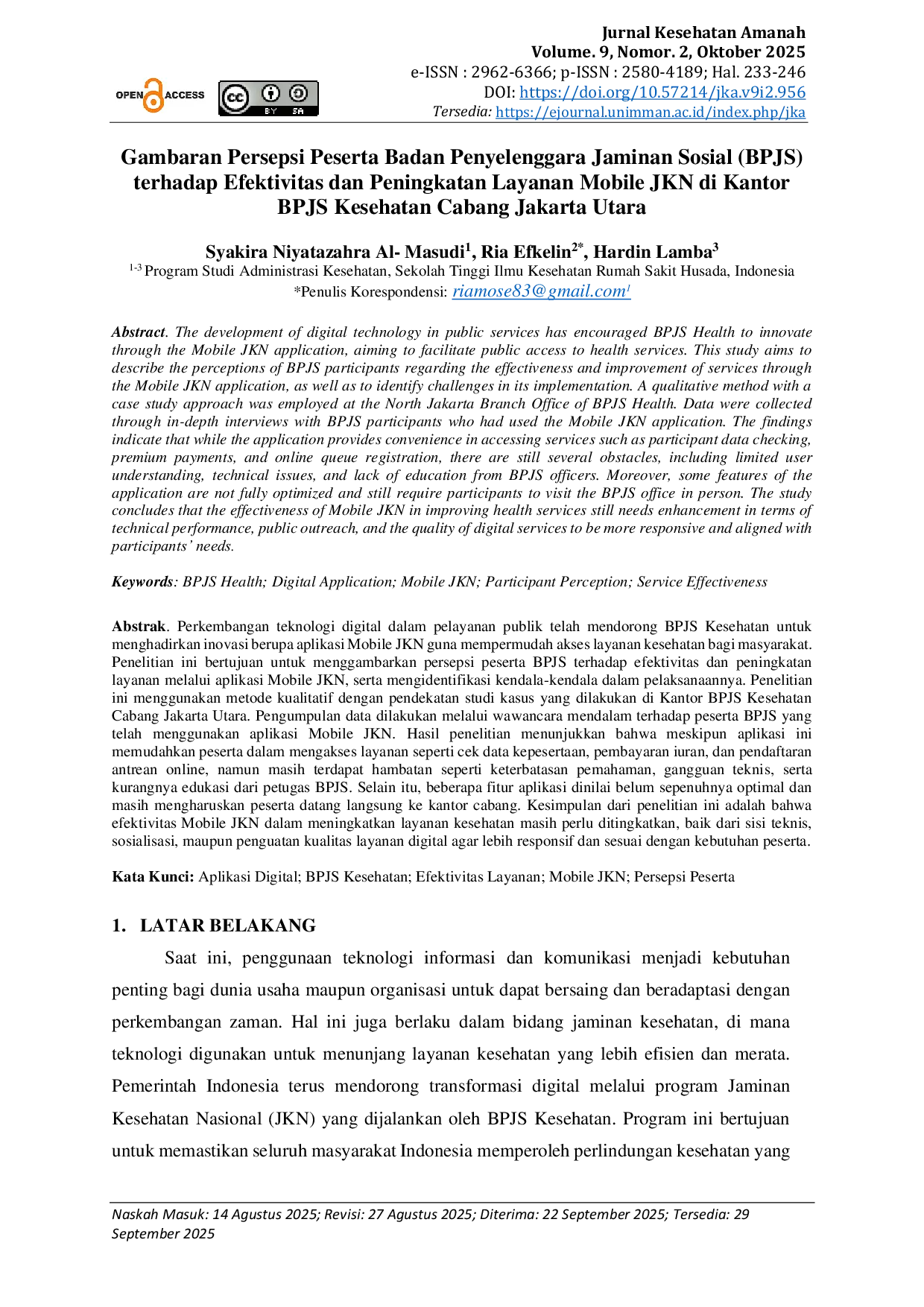 JURIS Gambaran Persepsi Peserta Badan Penyelenggara Jaminan Sosial BPJS Terhadap Efektivitas Dan Peningkatan Layanan Mobile JKN Di Kantor BPJS Kesehatan Cabang Jakarta Utara