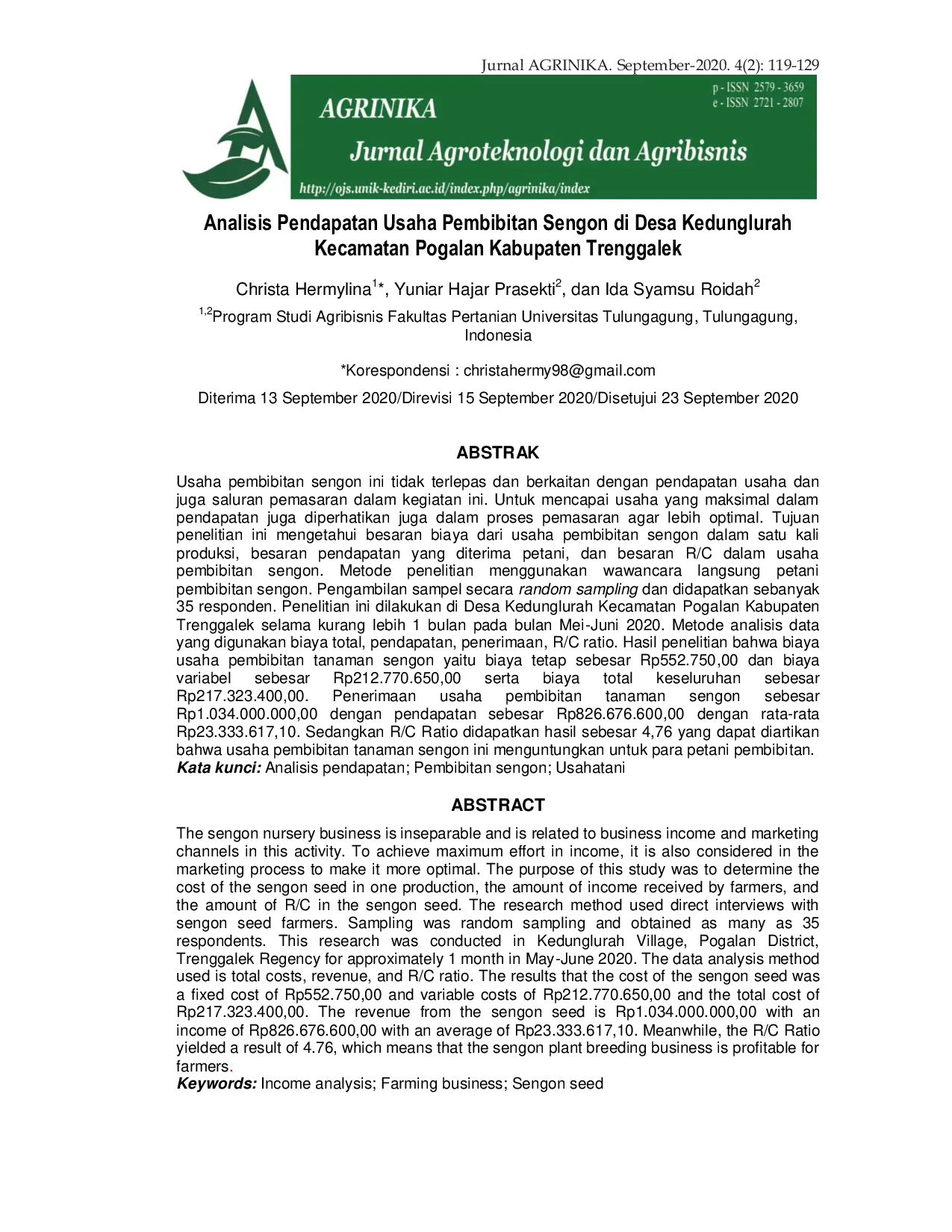 JURIS Analisis Pendapatan Usaha Pembibitan Sengon di Desa Kedunglurah Kecamatan Pogalan Kabupaten Trenggalek