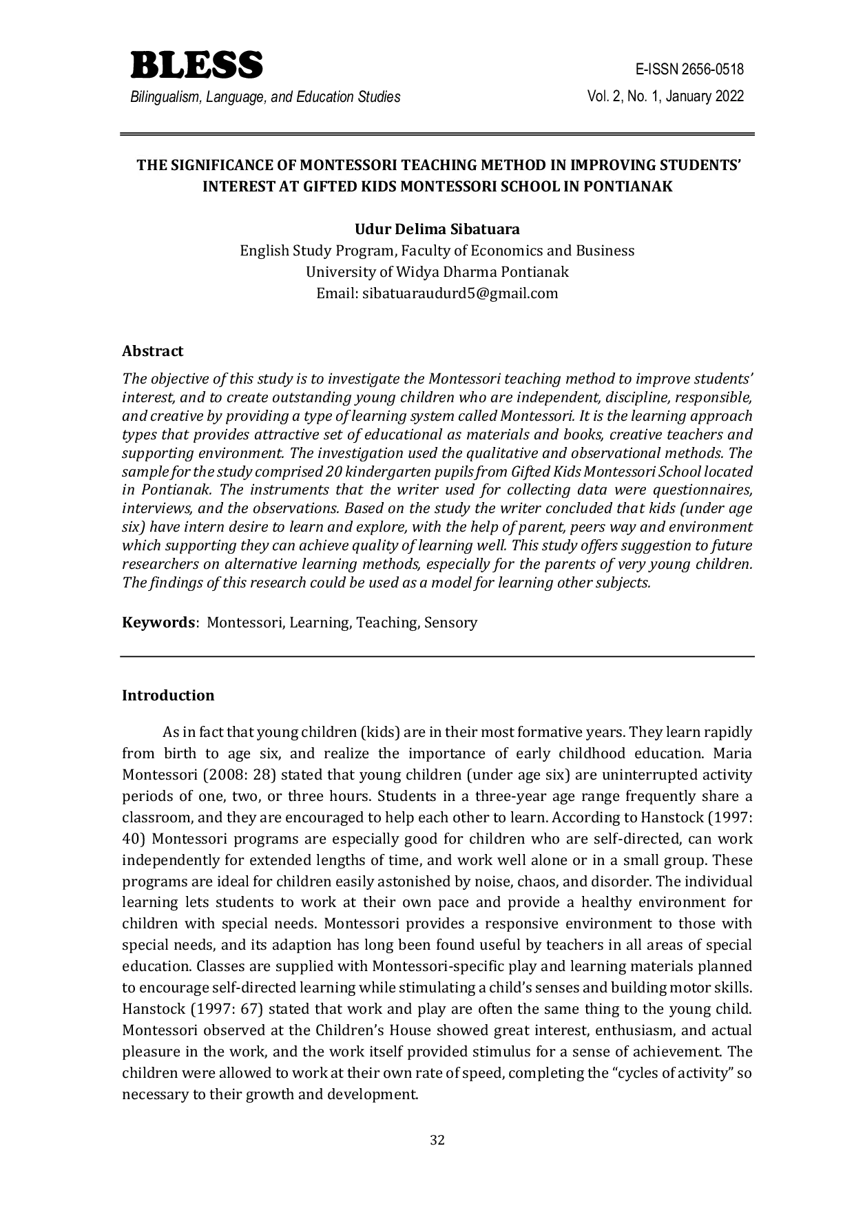 JURIS The Significance of Montessori Teaching Method in Improving Students Interest at Gifted Kids Montessori School in Pontianak