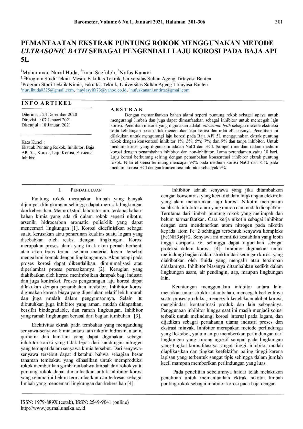 JURIS Pemanfaatan Ekstrak Puntung Rokok Menggunakan Metode Ultrasonic Bath Sebagai Pengendali Laju Korosi Pada Baja API 5L