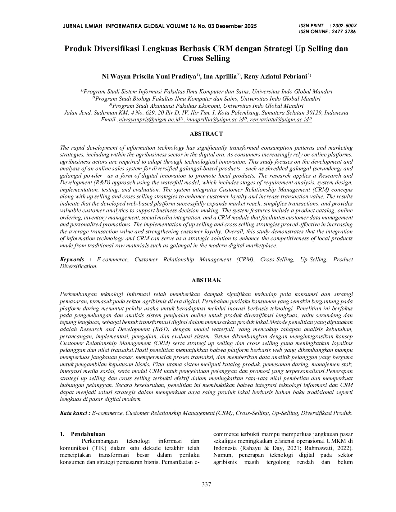 JURIS Produk Diversifikasi Lengkuas Berbasis CRM dengan Strategi Up Selling dan Cross Selling