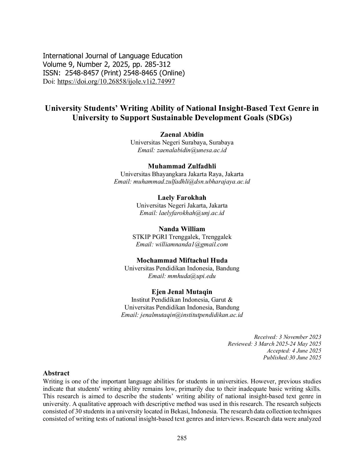 JURIS University Students Writing Ability of National Insight Based Text Genre in University to Support Sustainable Development Goals SDGs