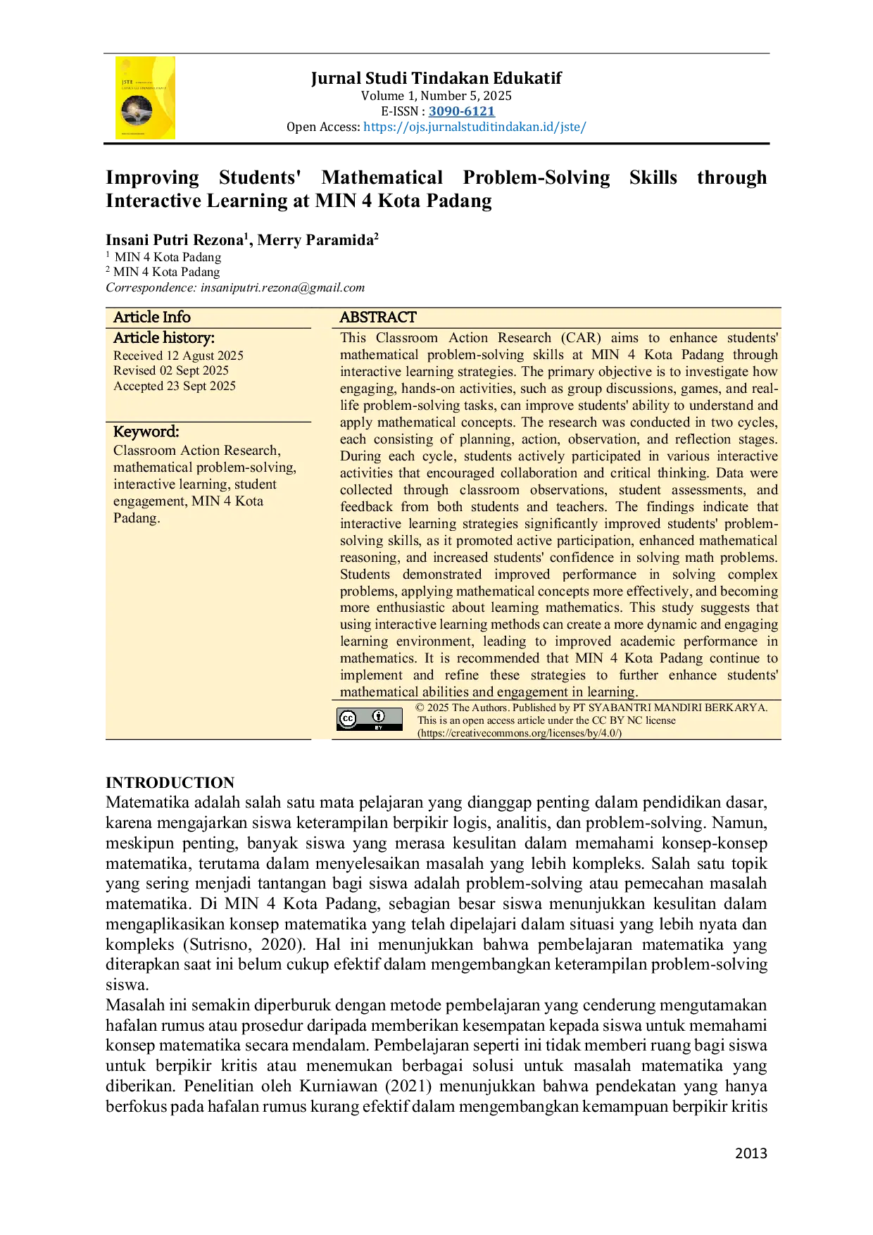 JURIS Improving Students Mathematical Problem Solving Skills through Interactive Learning at MIN 4 Kota Padang