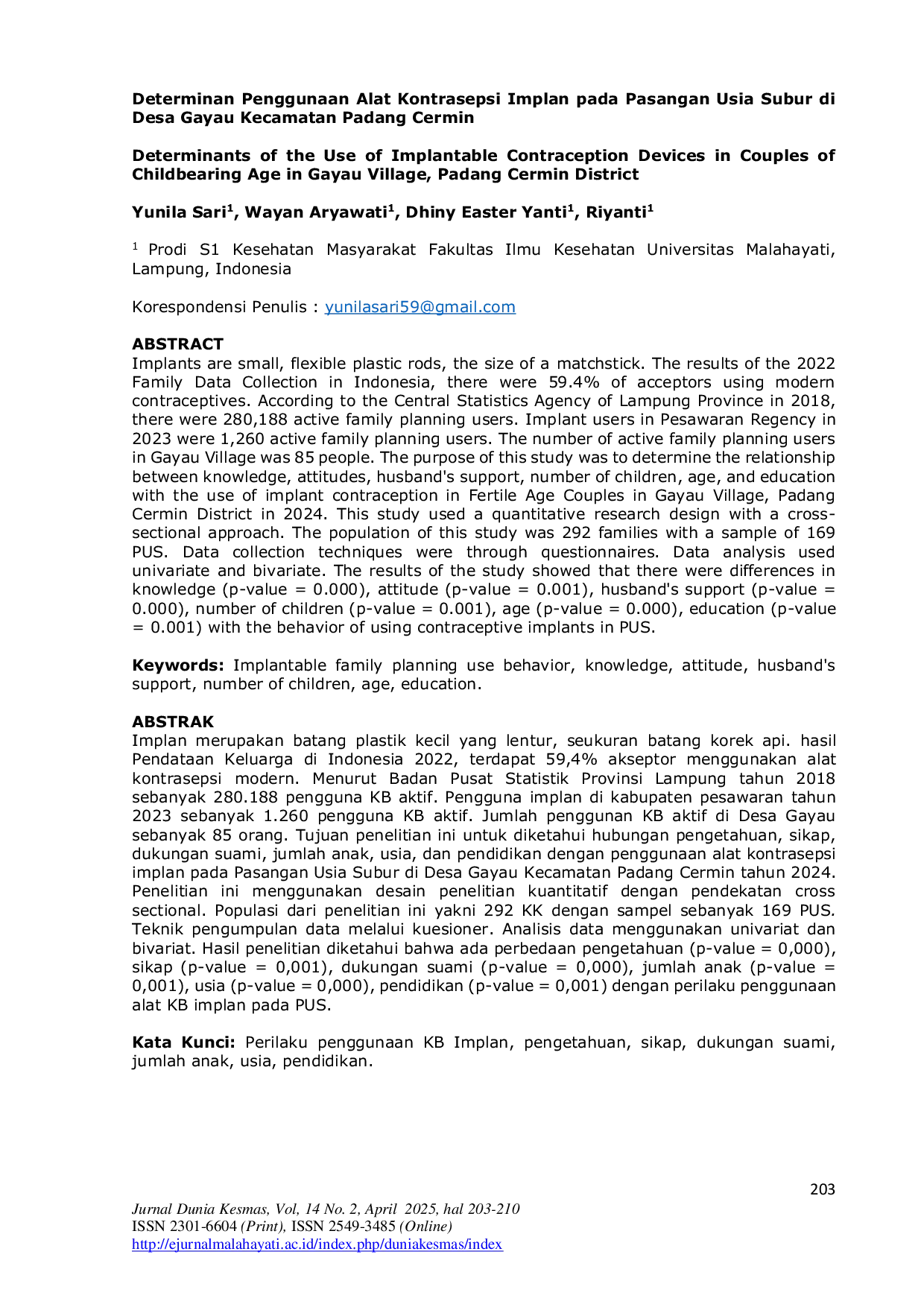 JURIS Determinan Penggunaan Alat Kontrasepsi Implan pada Pasangan Usia Subur di Desa Gayau Kecamatan Padang Cermin